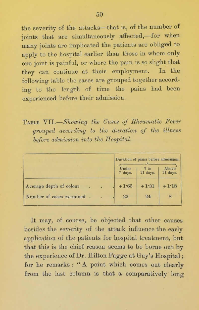 the severity of the attacks—that is, of the number of joints that are simultaneously affected,—for when many joints are implicated the patients are obliged to apply to the hospital earlier than those in whom only one joint is painful, or where the pain is so slight that they can continue at their employment. In the following table the cases are grouped together accord- ing to the length of time the pains had been experienced before their admission. Table VII.—Showing the Cases of Rheumatic Fever grouped according to the duration of the illness before admission into the Hospital. Duration of pains before admission. f Under 7 days. 7 to 21 days. Above 21 days. Average depth of colour Number of cases examined . + 1-65 22 + 1-31 24 + 1-18 8 It may, of course, be objected that other causes besides the severity of the attack influence the early application of the patients for hospital treatment, but that this is the chief reason seems to be borne out by the experience of Dr. Hilton Fagge at Guy's Hospital; for he remarks :  A point which comes out clearly from the last column is that a comparatively long