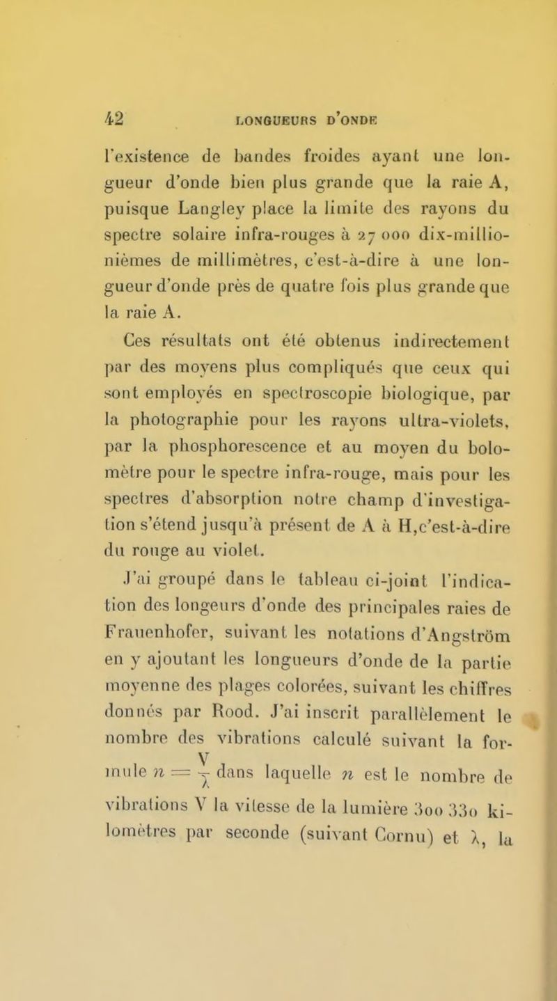 ['existence de band.es froides a van I line lon- gueur d'onde bieu plus grande que la raie A, puisque Langlev place la liinile des rayons du spectre solaire infra-rouges a 27 OOO dix-millio- niemes de millimetres, c'ost-a-dire a une lon- gueur d'onde pres de qua I re fois plus grande que la raie A. Ces resultats oat ete oblenus indirectement par dea moyens plus oompliques que ceux qui sont employes en speclroscopie hiologique, par la photographie pour les rayons ultra-violets, par la phosphorescence et au moyen du bolo- melre pour le spectre infra-rouge, mais pour les spectres d'absorption notre champ d'investiga- lion s'etend jusqu'a present de A a H,c'est-a-dir<> du rouge au violel. .I'ai groupe dans le tableau ci-joint I'indica- tion des Iongeurs d'onde des principales raies de Frauenhofer, suivant les notations d'Angstrom en y ajoutant les longueurs d'onde de la partie movenne des plages colorees, suivant les cbiffres donnes par Rood. J'ai inscrit parallelement le nombre dos vibrations calcule suivant la for- Y mule n — -y dans laquelle n est le nombre de vibrations V la vilesse de la lumiere iioo 33o ki- lometres par seconde (suivant Cornu) et \ la