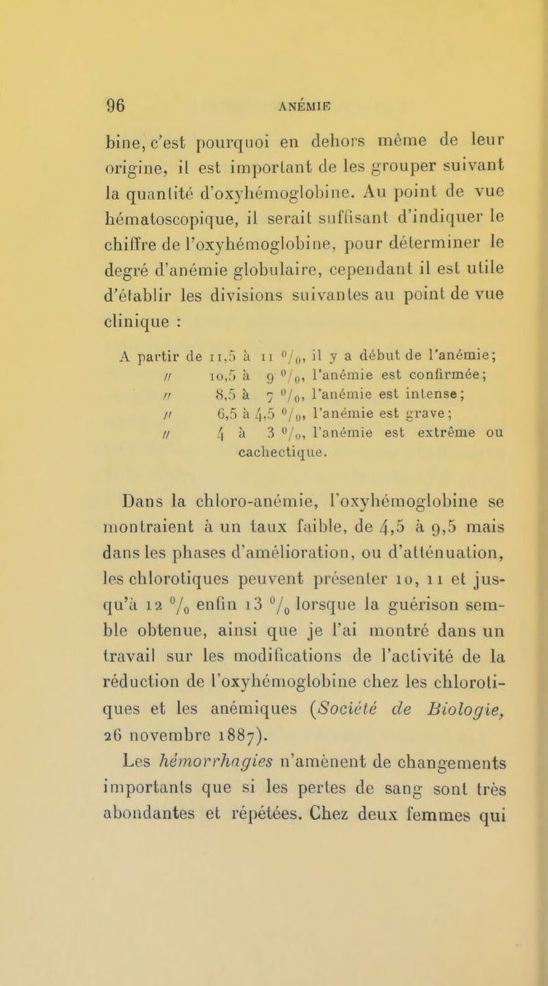 bine, c'est pourquoi en dehors meme de leur origine, il est imporlant de les grouper suivant la quantity d'oxyhemoglobine. Au point de vue hematoseopique, il serait suflisant d'indiquer le chifTre de 1'oxyhemoglobine, pour determiner le degre d'anemie globulaire, cependaut il est utile d'etablir les divisions suivanles au point de vue clinique : A partir de n,5 a n °/0, il y a debut de l'aneaiie; // io,5 a 9 °/o, l'anemie est confirmee; // 8,5 a 7 °/0, l'anemie est intense; // 6,5 a 4,5 °/o» l'anemie est grave; // !\ k 3 °/0, l'anemie est extreme ou cachectique. Dans la chloro-am'-mie, roxyhemoglobine se niontraient a un taux faible, de 4,5 a 9,5 mais dans les phases d'amelioration, ou d'altenuation, les chlorotiques peuvent presenter 10, 11 et jus- qu'a 12 °/o en fin i3 °/0 lorsque la guerison sem- ble obtenue, ainsi que je I'ai montrc dans un travail sur les modifications de 1'activite de la reduction de roxyhemoglobine chez les chloroti- ques et les anemiques (Socicle de Biologie, 26 novembre 1887). Los hemorrhagies n'amenent de changements importants que si les pertes de sang sont tres abondantes et repetees. Chez deux femmes qui