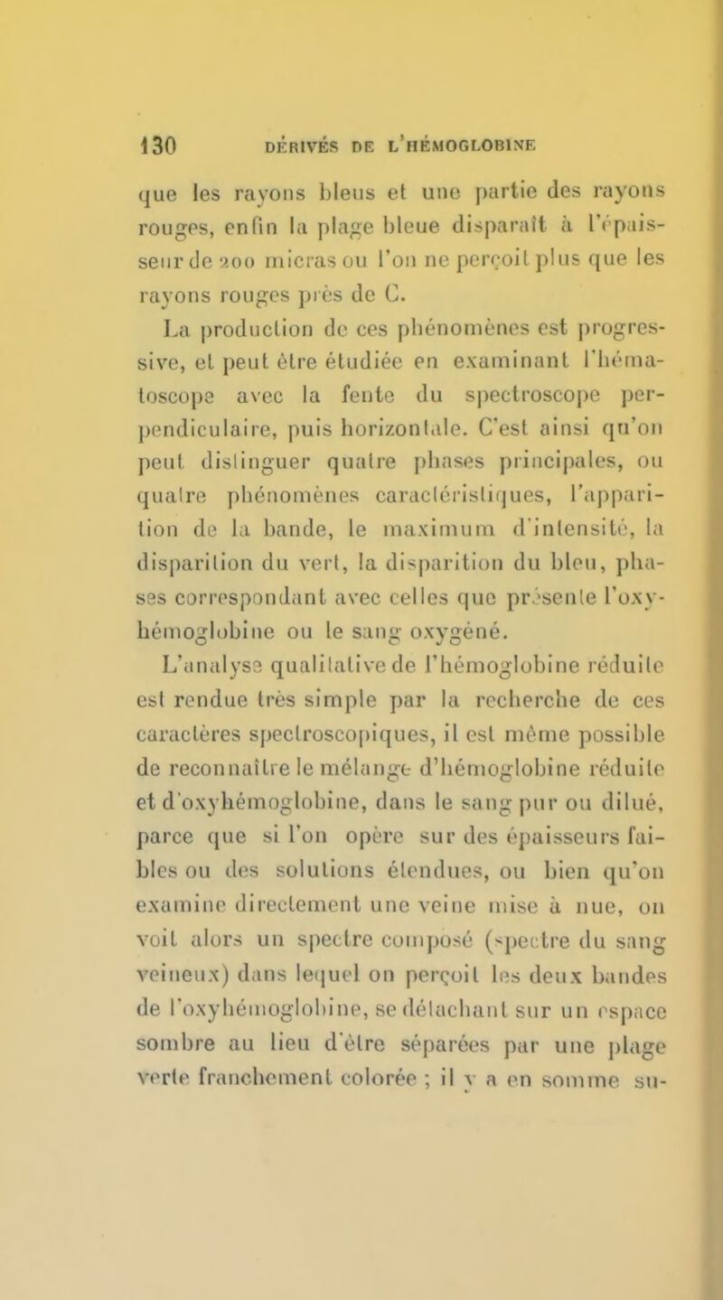 que les rayons bleus et une partie des rayons rouges, enfin la plage bleue disparait a l\ pais- seurde soo micrasou Ton ne perooil plus que les rayons rouges pres de C. La production de ces phenomenes est progres- sive, el peut etre etudiee en examinanl I'herna- toscope avec la fente du spectroscope per- pendiculaire, puis horizonlale. C'est ainsi qu'on peut dislinguer qualre phases principales, ou qualre phenomenes caraclerisliques, l'appari- tion de La bande, le maximum d'inlensite, la disparilion du vert, la disparition du bleu, pha- ses correspondant avec cellos que pr.-senle l'oxv- hemoglobine ou le sang oxygene. [/analyse qualitative de I'hemoglobine rdduile est rendue tres simple par la recherche de ces oaracteres speclroscopiques, il est nieme possible de reconnaiIre le melange d'hernoglobine reduile et d'oxyhemoglohine, clans le sang pur ou dilue, parce que si l'ou opere sur des epaisseurs fai- bles ou des solutions elendues, ou bien qu'on examine directement une veine mise a nue, on voit alors un spectre compose (spectre du sang voineux) dans lequel on perooil les deux bandes de roxyhemoglohine, se delachant sur un espace sombre au lieu d'etre separees par une plage verte franchement coloree ; il y a on somme su-