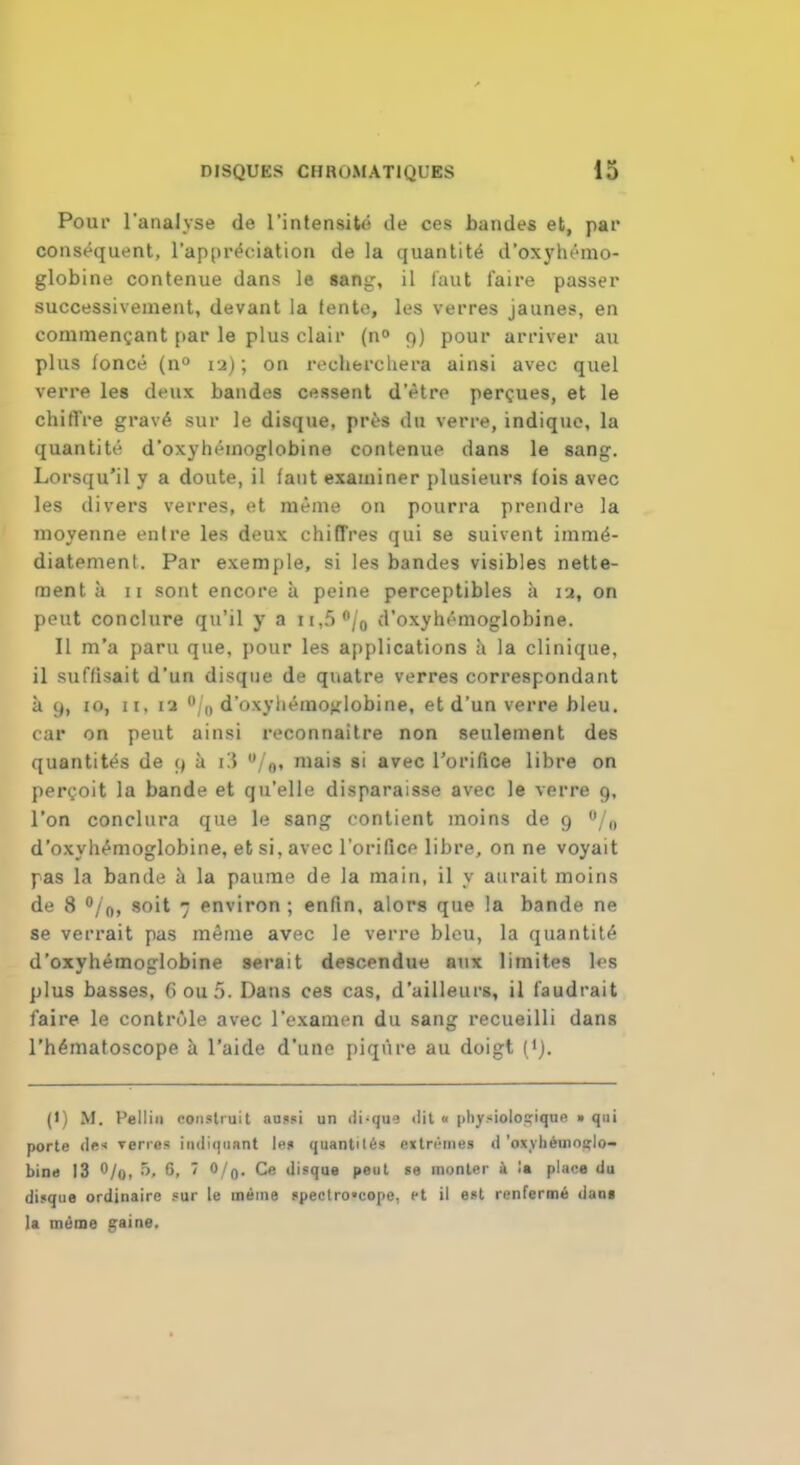 Pour l'analyse de l'intensite de ces bandes et, par consequent, l'appreViation de la quantity d'oxyhemo- globine contenue dans le sang, il laut faire passer successivement, devant la tento, les verres jaunes, en commencant par le plus clair (n° 9) pour arriver au plus fonce (n° 12); on recherchera ainsi avec quel verre les deux bandes cessent d'etre percues, et le chiti're grave, sur le disque, pros du verre, indique, la quantite d'oxyhemoglobine contenue dans le sang. Lorsqu'il y a doute, il fant examiner plusieurs fois avec les divers verres, et meme on pourra prendre la nioyenne entre les deux chiffres qui se suivent imm£- diatement. Par exemple, si les bandes visibles nette- ment a 11 sont encore a peine perceptibles a 12, on pent conclure qu'il y a ii,5°/0 d'oxyhemoglobine. II m'a paru que, pour les applications a la clinique, il suffisait d'un disque de qnatre verres correspondant a 9, io, 11. 12 % d'oxyhemojdobine, et d'un verre bleu, car on pent ainsi reconnaitre non settlement des quantites de 9 a i'S u/o< mais si avec Forifice libre on per^'oit la bande et qu'elle disparaisse avec le verre 9, Ton conclura que le sang eontient moins de 9 °/0 d'oxyhemoglobine, et si, avec l'orilice libre, on ne voyait pas la bande a la paume de la main, il y aurait moins de 8 °/0, soit 7 environ ; enfin, alors que la bande ne se verrait pas meme avec le verre bleu, la quantite d'oxyhemoglobine serait descendue aux limit.es les plus basses, 6ou5. Dans ces cas, d'ailleurs, il f'audrait faire le controle avec 1'examen du sang recueilli dans l'hematoscope a l'aide d'une piqure au doigt (•). (•) M. Pellin construit aussi un di-que <lit o pliysiolosiquc » qui porte dO* verres imliquant les quantiles extremes d 'ox.vheinwrlo- bine 13 °/o, 6, 7 0/0. Ce disque pent se inonter a !t place <iu disque ordinaire sur le meme speetro'eope, et il est renferme dan§ la meme gaine.