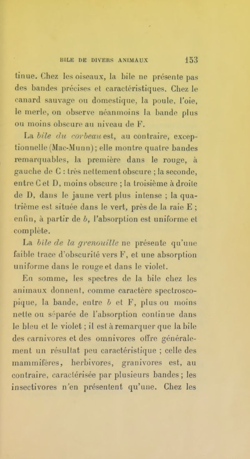 linue. <:hoz Iesoiseaux, La bile ne presente pas des bandes precises et earacteristiques, Chez le canard sauvage ou domestique, la poule, l'oie, le merle, on observe neanmoins la bande plus on inoins obscure au niveau de F. Labile du eorbeau est, au contraire, excep- tionnelle(Mac-Munn); el le montre qualre bandes remarquables, la premiere dans le rouge, a gauche de G : tres nettement obscure ; la seconde, entreCet D, moins obscure ; la troisieme adroile de D, dans le jaune vert plus intense ; la qua- trieme est. situee dans le vert, presde la raie E ; en (in, a partir de b, I'absorption est uniforme el complete. La bile de la grenou'dle ne presente qu'une faible trace d'obscurite vers K, et une absorption uniforme dans le rouge et dans le violet. En somrne, Ies spectres de la bile cbez Ies animaux donnent, comme caractere spectrosco- pique, la bande, entre ]> et F, plus ou moins nette ou s''paree de l'absorption conlinue dans le bleu et le violet; il est aremarquer que la bile des carnivores et des oinnivores offre generale- ment mi resultat peu caracteristique ; celle des mammiferes, herbivores, granivores est, au contraire, caraclerisee par plusieurs bandes; Ies insectivores n'en presentent qu'une. Chez les