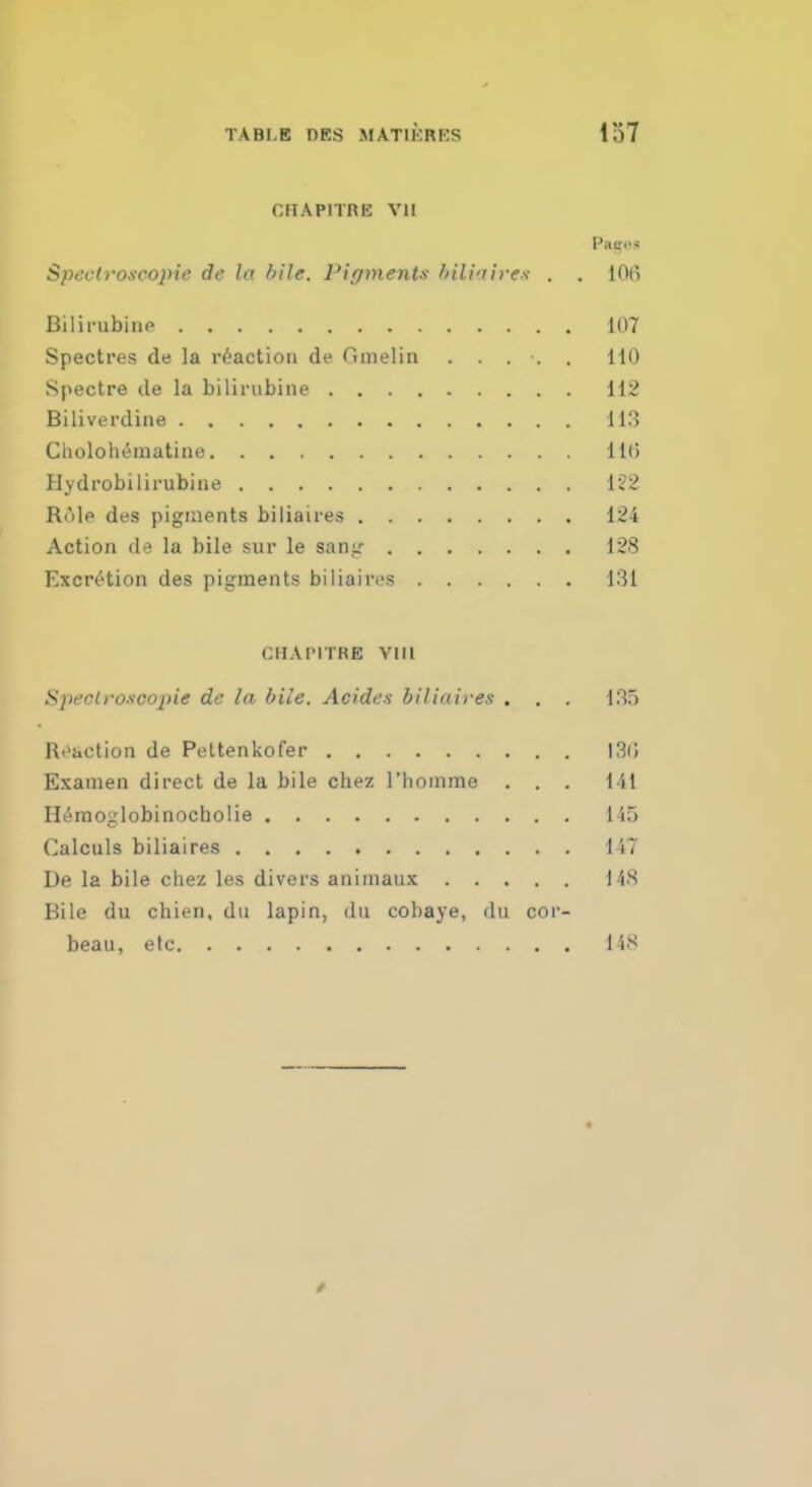 CHAP1TRE VII Pacos Spectroscopic de la bile. Pigments biliaires . . 106 Bilirubine 107 Spectres de la reaction de Gmelin ..... HO Spectre de la bilirubine 112 Biliverdine 113 Cholohematine 110 Hydrobilirubine 122 Rnle des pigments biliaires 124 Action de la bile sur le san,!.' 128 Excretion des pigments biliaires 131 CHAPITRE VIII Spectroscopic de la bile. Acides biliaires . . . 135 Reaction de Peltenkofer 130 Examen direct de la bile chez l'homme . . . 141 Hemoi:lobinocholie 145 Calculs biliaires 147 De la bile chez les divers animaux 148 Bile du chien, du lapin, da cobaye, du cor- beau, etc 148 /