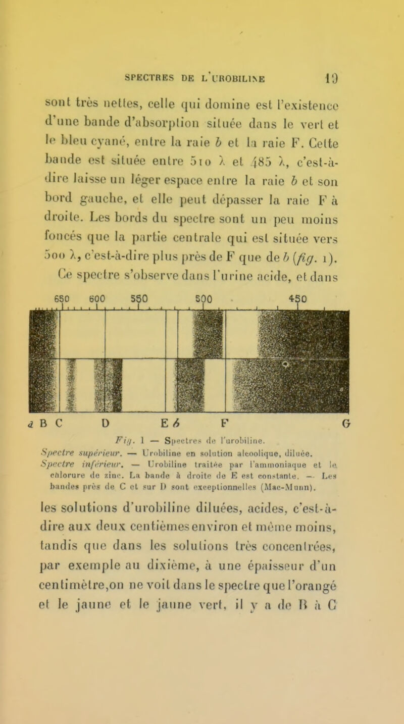 SPECTRES DE li'B013IL1NE 10 sont tres netles, celle qui doinine est rexistence d'line bande d'absorplion siluee dans le vert et |p bleu cyani's entre la raie b et la raie F. Celte baiide est situee entre 5io ). et 485 a, c'esl-ii- dire laisse un leger espace enire la raie b et sou bord gauche, et elle peul depasser la raie F a droite. Les bords du spectre sont un pen moins fonces que la partie centrale qui est situee vers 5oo X, c est-a-dire plus pres de F que de b [fig. i). Ce spectre s'observe dans I'nrine acide, etdans 650 600 550 500 4-50 dBCD E/4 F G Fiij. 1 — SpHclie-'* <li! I'urobiline. Spectre superivur. — Umbiline en solution alcoolique, diliiee. Spectre mfdriinir. — Uiobiline Irait^-e par raiiuiioniaque et liv ediorure ile zinc. La bande ft dioilf tie E est constanlu. — Lfs bandes pii'3 de C ol fur l» sont oxceplionnfllos (Mac-Miinn). les solutions d'urobiline diluees, aeides, c'est-a- dire aux deux centieuiesenviron et niuine moins, tandis que dans les solutions Ires concenlrees, par exemple au dixieme, a une epaisseur d'un centimetre,on ne voil dans le spectre que I'orange et le jaune et le jaiine vert, il y a de U a C