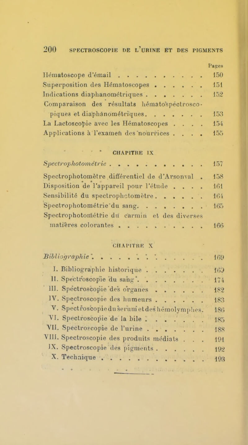 Pages Il^matoscope d'6mail 150 Superposition des H^raatoscopes 151 Indications diaplianomdtriques 152 Comparaison des resultats li^mato'spectrosco- piques et diaphSinom^triques 1515 La Lactoscopie avec les Hematoscopes .... 154 Applications a Texameh desnoiiiTices .... 155 CHAPITRE IX Sj.^eclro2ihotometric 157 Spectrophotom^tre diff^rentiel de d'Ai'sonval . 158 « • .. Disposition de Tappareil pour Tetmle .... 101 Sensibility du spectrophctometre U\\ Spectrophotom^trie'du sang 1(>5 Spectrophotonlettie du carniiii et des diverses niatieres colorantes 166 CdAPITKK X JBibliof/raphie'. .....*.'. I. Bibliographie historique itVJ II. Spectroscopie du sah.y * 17i III. Spectroscopie'des oVganes 182 IV. Spectroscopie des liumeurs 18:^ V. Spect I'oscopiedu serum et des lieuiolyniphes. 18() VI. Spectroscopie de la bile 185 VII. Spectroscopie de I'urine 188 YIIl. Spectroscopie des produits media Is . . . 191 IX. Spectroscopie des pigments 192 X. Technique IP;:}