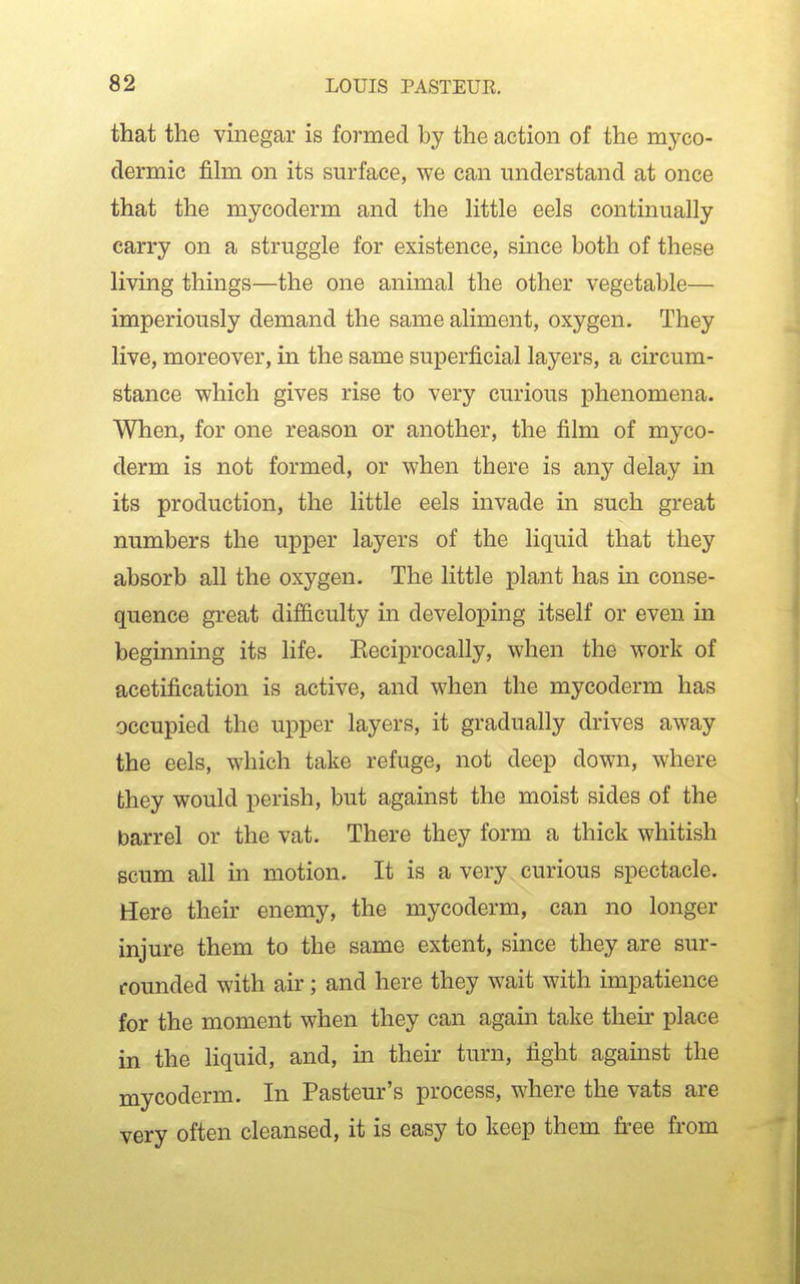 that the vinegar is formed by the action of the myco- dermic film on its surface, we can understand at once that the mycoderm and the little eels continually carry on a struggle for existence, since both of these living things—the one animal the other vegetable— imperiously demand the same aliment, oxygen. They live, moreover, in the same superficial layers, a circum- stance which gives rise to very curious phenomena. When, for one reason or another, the film of myco- derm is not formed, or when there is any delay in its production, the little eels invade in such great numbers the upper layers of the liquid that they absorb all the oxygen. The little plant has in conse- quence great difficulty in developing itself or even in beginning its life. Eeciprocally, when the work of acetification is active, and when the mycoderm has occupied the upper layers, it gradually drives away the eels, which take refuge, not deep down, where they would perish, but against the moist sides of the barrel or the vat. There they form a thick whitish scum all in motion. It is a very curious spectacle. Here their enemy, the mycoderm, can no longer injure them to the same extent, since they are sur- rounded with air; and here they wait with impatience for the moment when they can again take their place in the liquid, and, in then: turn, fight against the mycoderm. In Pasteur's process, where the vats are very often cleansed, it is easy to keep them fi-ee from