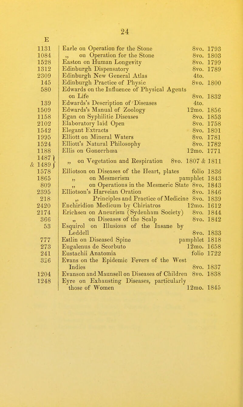 E 1131 1084 1528 1312 2309 145 580 139 1509 1158 2102 1542 1995 1524 1188 1487) & 1489/ 1578 1865 809 2395 218 2420 2174 366 53 777 273 241 326 1204 1248 24 Earle on Operation for the Stone 8vo. 1793 „ on Operation for the Stone 870. 1803 Easton on Human Longevity 8vo. 1799 Edinburgh Dispensatory 8vo. 1789 Edinburgh New General Atlas 4to. Edinburgh Practice of Physic 8vo. 1800 Edwards on the Influence of Physical Agents on Life 8vo. 1832 Edwards's Description of Diseases 4to. Edwards's Manual of Zoology 12mo. 1856 Egan on Syphilitic Diseases 8vo. 1853 Elaboratory laid Open 8vo. 1758 Elegant Extracts 8vo. 1801 Elliott on Mineral Waters 8vo. 1781 Elliott's Natural Philosophy 8vo. 1782 Ellis on Gonorrhoea 12mo. 1771 „ on Vegetation and Respiration 8vo. 1807 & 1811 Elliotson on Diseases of the Heart, plates folio 1836 „ on Mesmerism pamphlet 1843 „ on Operations in the Mesmeric State 8vo. 1843 Elliotson's Harveian Oration 8vo. 1846 Principles and Practice of Medicine 8vo. 1839 Enchiridion Medicum by Chiriatros 12mo. 1612 Erichsen on Aneurism (Sydenham Society) 8vo. 1844 „ on Diseases of the Scalp 8vo. 1842 Esquirol on Illusions of the Insane by Leddell 8vo. 1833 Estlin on Diseased Spine pamphlet 1818 Eugalenus de Scorbuto 12mo. 1658 Eustachii Anatomia folio 1722 Evans on the Epidemic Fevers of the West Indies 8vo. 1837 Evanson andMaunsell on Diseases of Children 8vo. 1838 Eyre on Exhausting Diseases, particularly those of Women 12rao. 1845