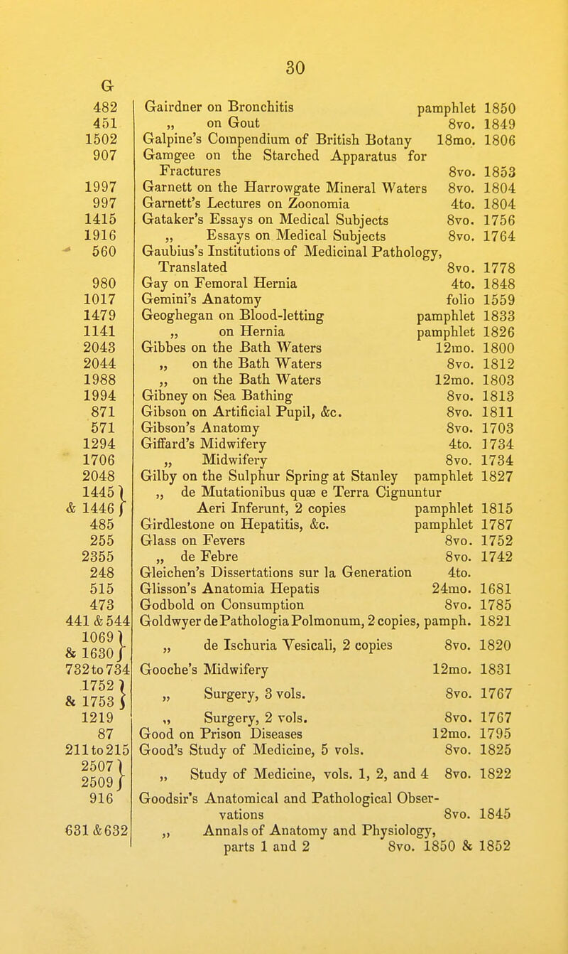 G 482 451 1502 907 1997 997 1415 1916 ^ 560 980 1017 1479 1141 2043 2044 1988 1994 871 571 1294 1706 2048 1445) 1446/ 485 255 2355 248 515 473 441 & 544 1069) & 1630 J 732 to 734 1752 ) & 1753 i 1219 87 211to215 2507) 2509 J 916 631&632 & 30 Gairdner on Bronchitis pamphlet „ on Gout 8vo. Galpine's Compendium of British Botany 18mo. Gamgee on the Starched Apparatus for Fractures 8vo. Garnett on the Harrowgate Mineral Waters 8vo. Garnett's Lectures on Zoonomia 4to. Gataker's Essays on Medical Subjects 8vo. „ Essays on Medical Subjects 8vo. Gaubius's Institutions of Medicinal Pathology, Translated 8vo. Gay on Femoral Hernia 4to. Gemini's Anatomy folio Geoghegan on Blood-letting pamphlet „ on Hernia pamphlet Gibbes on the Bath Waters 12mo. „ on the Bath Waters 8vo. „ on the Bath Waters 12mo. Gibney on Sea Bathing 8vo. Gibson on Artificial Pupil, &c. 8vo. Gibson's Anatomy 8vo. Giffard's Midwifery 4to. „ Midwifery 8vo. Gilby on the Sulphur Spring at Stanley pamphlet de Mutationibus quae e Terra Cignuntur Aeri Inferunt, 2 copies pamphlet Girdlestone on Hepatitis, &c. pamphlet Glass on Fevers 8vo. „ de Febre 8vo. Gleichen's Dissertations sur la Generation 4to. Glisson's Anatomia Hepatis 24mo. Godbold on Consumption Svo. Goldwyer dePathologiaPolmonum, 2copies, pamph. „ de Ischuria Vesicali, 2 copies Gooche's Midwifery „ Surgery, 3 vols. „ Surgery, 2 vols. Good on Prison Diseases Svo. 12mo. Svo. Svo. 12mo. Svo. Good's Study of Medicine, 5 vols. „ Study of Medicine, vols. 1, 2, and 4 Svo Goodsir's Anatomical and Pathological Obser- vations Svo. „ Annals of Anatomy and Physiology, parts 1 and 2 Svo. 1850 & 1850 1849 1806 1853 1804 1804 1756 1764 1778 1848 1559 1833 1826 1800 1812 1803 1813 1811 1703 3 734 1734 1827 1815 1787 1752 1742 1681 1785 1821 1820 1831 1767 1767 1795 1825 1822 1845 1852