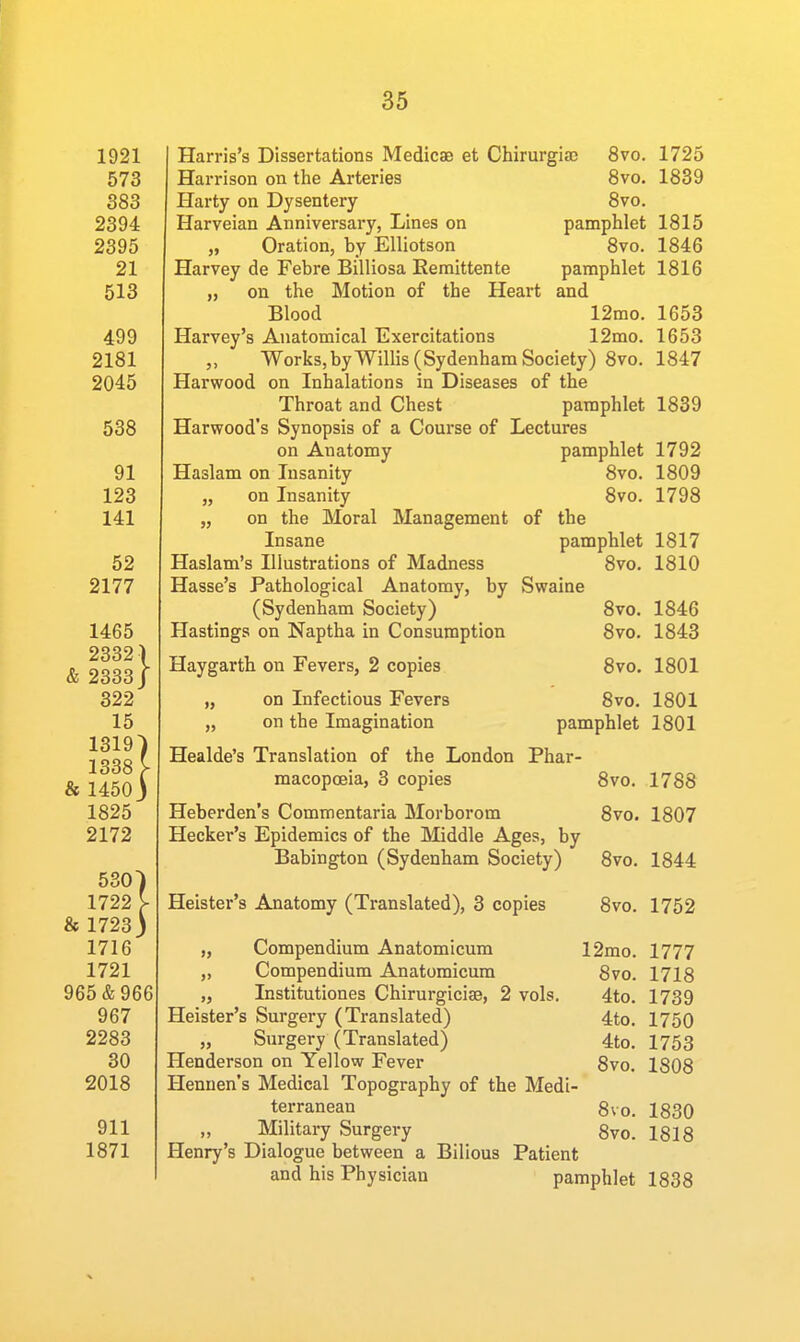 1921 573 383 2394 2395 21 513 499 2181 2045 538 Harris's Dissertations Medicae et Chirurgia) Harrison on the Arteries Harty on Dysentery Harveian Anniversary, Lines on „ Oration, by EUiotson Harvey de Febre Billiosa Remittente 8vo. 1725 8vo. 1839 8vo. pamphlet 1815 8vo. 1846 pamphlet 1816 on the Motion of the Heart and Blood 12mo. 1653 Harvey's Anatomical Exercitations 12mo. 1653 „ WorksjbyWillis (Sydenham Society) 8vo. 1847 Harwood on Inhalations in Diseases of the Throat and Chest pamphlet 1839 Harwood's Synopsis of a Course of Lectures on Anatomy pamphlet 1792 Haslam on Insanity 8vo. 1809 „ on Insanity 8vo. 1798 „ on the Moral Management of the Insane pamphlet 1817 Haslam's Illustrations of Madness 8vo. 1810 Hasse's Pathological Anatomy, by Swaine (Sydenham Society) Hastings on Naptha in Consumption Haygarth on Fevers, 2 copies „ on Infectious Fevers „ on the Imagination Healde's Translation of the London Phar- macopoeia, 3 copies 8vo. Heberden's Comraentaria Morborom Svo Hecker's Epidemics of the Middle Ages, by Babington (Sydenham Society) 8vo. 1844 Svo. 1846 Svo. 1843 Svo. 1801 Svo. 1801 pamphlet 1801 1788 1807 Heister's Anatomy (Translated), 3 copies Svo. 1752 „ Compendium Anatomicum 12mo. 1777 ,, Compendium Anatomicum Svo. 1718 „ Institutiones Chirurgicise, 2 vols. 4to. 1739 Heister's Surgery (Translated) 4to. 1750 „ Surgery (Translated) 4to. 1753 Henderson on Yellow Fever Svo. 1808 Henuen's Medical Topography of the Medi- terranean 8vo. 1830 Military Surgery 8vo. 1818 Henry's Dialogue between a Bilious Patient and his Physician pamphlet 1838