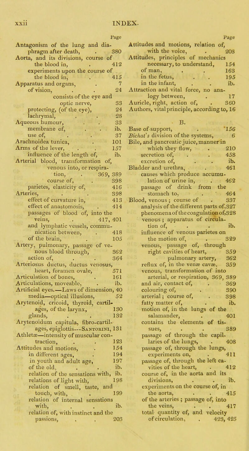 Page Antagonism of the lung and dia- phragm after death, . 380 Aorta, and its divisions, course of the blood in, . 412 experiments upon the course of the blood in, . 415 Apparatus and organs, . 7 of vision, . . 24 consists of the eye and optic nerve, 33 protecting, (of the eye), 24 lachrymal, . . 28 Aqueous humour, . . 33 membrane of, . . ib. use of, . . 37 Arachnoidea tunica, . 101 Arms of the lever, . . 157 influence of the length of, ib. Arterial blood, transformation of, venous into, or respira- tion, . 369, 389 course of, . 398 parietes, elasticity of, 416 Arteries, . . 398 effect of curvature in, 413 effect of anastomosis, . 414 passages of blood of, into the veins, . 417, 401 and lymphatic vessels, commu- nication between, . 418 of the brain, . 105 Artery, pulmonary, passage of ve- nous blood through, 362 action of, . . 364 Arteriosus ductus, ductus venosus, heart, foramen ovale, 571 Articulation of bones, . 161 Articulations, moveable, . ib. Artificial eyes.—Laws of dimension, 40 media—optical illusions, 52 Arytenoid, cricoid, thyroid, cartil- ages, of the larynx, ISO glands, . , 132 Arytenoidum capitula, fibro-cartil- ages, epiglottis—Santorini, 131 Athletoe—intensity of muscular con- traction, . . 123 Attitudes and motions, . 154 in different ages, . 194 in youth and adult age, 197 of the old, . . ib. relation of the sensations with, ib. relations of light with, 198 relation of smell, taste, and touch, with, . 199 relation of internal sensations with, . . ib. relation of, with instinct and the passions, . . 203 Page Attitudes and motions, relation of, with the voice, . 203 Attitudes, principles of mechanics necessary, to understand, 154 of man, . . 163 in the fetus, , . 195 in the infant, . . ib. Attraction and vital force, no ana- logy between, . 17 Auricle, right, action of, . 360 Authors, vital principle, according to, 16 B. Base of support, . ‘156 Bichat's division of the systems, 6 Bile, and pancreatic juice, manner in which they flow, . 210 secretion of, . . 458 excretion of, . . ib. Bladder and urethra, . 461 causes which produce accumu- lation of urine in, . 462 passage of drink from the stomach to, . 464 Blood, venous ; course of . 337 analysis of the different parts of,327 phenomena of the coagulation of,328 venous ; apparatus of circula- tion of, . . ib. influence of venous parietes on the motion of, . 329 venous, passage of, through right cavities of heart, 359 pulmonary artery, 362 reflux of, in the vena: cavae, 359 venous, transformation of into arterial, or respiration, 369, 389 and air, contact of, . 369 colouring of, . 390 arterial; course of, . 398 fatty matter of, . ib. motion of, in the lungs of the salamander, . 401 contains the elements of tis- sues, . . 389 passage of through the capil- laries of the lungs, . 408 passage of, through the lungs, experiments on, . 411 passage of, through the left ca- vities of the heart, . 412 course of, in the aorta and its divisions, . . ib. experiments on the course of, in the aorta, . . 415 of the arteries ; passage of, into the veins, . . 417 total quantity of, and velocity of circulation, . 423, 425