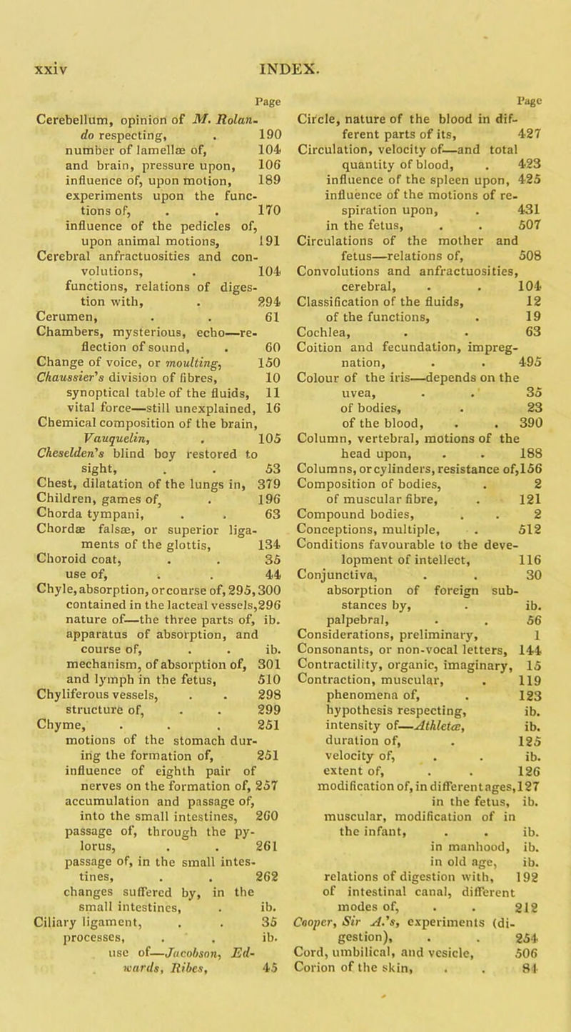 Page Cerebellum, opinion of M. Rolan. do respecting, . 190 number of lamellae of, 104 and brain, pressure upon, 106 influence of, upon motion, 189 experiments upon the func- tions of, . . 170 influence of the pedicles of, upon animal motions, 191 Cerebral anfractuosities and con- volutions, . 104 functions, relations of diges- tion with, . 394 Cerumen, . . 61 Chambers, mysterious, echo—re- flection of sound, . 60 Change of voice, or moulting, 150 Chaussier's division of fibres, 10 synoptical table of the fluids, 11 vital force—still unexplained, 16 Chemical composition of the brain, Vauquelin, . 105 Cheselden's blind boy restored t.o sight, 53 Chest, dilatation of the lungs in, 379 Children, games of, 196 Chorda tympani, 63 Chordae falsa, or superior liga- ments of the glottis, 134 Choroid coat, 35 use of, , 44 Chyle, absorption, orcourse of, 295,300 contained in the lacteal vessels,296 nature of—the three parts of, ib. apparatus of absorption, and course of, . . ib. mechanism, of absorption of, 301 and lymph in the fetus, 510 Chyliferous vessels, . . 298 structure of, . . 299 Chyme, . . . 251 motions of the stomach dur- ing the formation of, 251 influence of eighth pair of nerves on the formation of, 257 accumulation and passage of, into the small intestines, 260 passage of, through the py- lorus, . . 261 passage of, in the small intes- tines, . . 262 changes suffered by, in the small intestines, . ib. Ciliary ligament, . . 35 processes, . . ib. use of—Jacobson, Ed- wards, Ribcs, 45 Page Circle, nature of the blood in dif- ferent parts of its, 427 Circulation, velocity of—and total quantity of blood, . 423 influence of the spleen upon, 425 influence of the motions of re- spiration upon, . 431 in the fetus, . . 507 Circulations of the mother and fetus—relations of, 508 Convolutions and anfractuosities, cerebral, . . 104 Classification of the fluids, 12 of the functions, . 19 Cochlea, . • 63 Coition and fecundation, impreg- nation, . . 495 Colour of the iris—depends on the uvea, . .' 35 of bodies, . 23 of the blood, . , 390 Column, vertebral, motions of the head upon, . . 188 Columns, orcylinders,resistance of,156 Composition of bodies, . 2 of muscular fibre, . 121 Compound bodies, . . 2 Conceptions, multiple, . 512 Conditions favourable to the deve- lopment of intellect, 116 Conjunctiva, . . 30 absorption of foreign sub- stances by, . ib. palpebral, . . 56 Considerations, preliminary, 1 Consonants, or non-vocal letters, 144 Contractility, organic, imaginary, 15 Contraction, muscular, . 119 phenomena of, . 123 hypothesis respecting, ib. intensity of—Athleta:, ib. duration of, . 125 velocity of, . . ib. extent of, . . 126 modification of, in differentages,127 in the fetus, ib. muscular, modification of in the infant, . . ib. in manhood, ib. in old age, ib. relations of digestion with, 192 of intestinal canal, different modes of, . . 212 Cooper, Sir A.'s, experiments (di- gestion), . . 254 Cord, umbilical, and vesicle, 506 Corion of the skin, . . 81