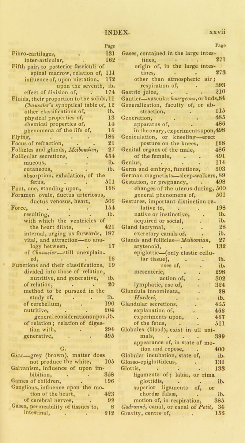 Page Fibro-cartilages, . 131 inter-articular, . 162 Fifth pair, to posterior fasciculi of spinal marrow, relation of, 111 influence of, upon nictation, 172 upon the seventh, ib. effect of division of, . 174 Fluids, their proportion to the solids, 11 Chaussier's synoptical table of, 12 other classifications of, ib. physical properties of, 13 chemical properties of, 14 phenomena of the life of, 16 Flying, . . . 186 Focus of refraction, . . 21 Follicles and glands, Meibomian, 27 Follicular secretions, . 454 mucous, . . ib. cutaneous, . . ib. absorption, exhalation, of the fetus, . . 511 Foot, one, standing upon, 168 Foramen ovale, ductus arteriosus, ductus venosus, heart, 506 Force, . . . 154 resulting, . . ib. with which the ventricles of the heart dilate, . 421 internal, urging us forwards, 187 vital, and attraction—no ana- logy between, . 17 of Chaussier—still unexplain- ed, . . 16 Functions and their classifications, 19 divided into those of relation, nutritive, and generative, ib. of relation, . . 20 method to be pursued in the study of, . . ib. of cerebellum, . 190 nutritive, . . 204 general considerations upon,ib. of relation ; relation of diges- tion with, . 294 generative, . . 495 G. Gall—grey (brown), matter does not produce the white, 105 Galvanism, influence of upon im- bibition, . . 358 Games of children, . 196 Ganglions, influence upon the mo- tion of the heart, . 423 of cerebral nerves, . 92 Gases, permeability of tissues to, 8 intestinal, . . 212 Page Gases, contained in the large intes- tines, . . 271 origin of, in the large intes- tines, . . 273 other than atmospheric air; respiration of, . 393 Gastric juice, . . . 210 Gautier—vascular bourgeons, or buds,84 Generalization, faculty of, or ab- straction, . 115 Generation, . . 485 apparatus of, . 486 in the ovary, experiments upon,498 Geniculation, or kneeling—erect posture on the knees, 168 Genital organs of the male, 486 of the female, . . 491 Genius, . . . 114- Germ and embryo, functions, 503 German magnetists—sleep-walkers, 89 Gestation, or pregnancy, . 498 changes of the uterus during, 500 general phenomena of, 501 Gestures, important distinction re- lative to, 198 native or instinctive, ib. acquired or social, . ib. Gland lacrymal. 28 excretory canals of. . ib. Glands and follicles—Meibomian, 27 arytenoid. . 132 epiglottic—(only elastic cellu- lar tissue), . ib. uses of, . ib. mesenteric, 298 action of, 302 lymphatic, use of, 324 Glandula innominata, 28 Harderi, . ib. Glandular secretions, 455 explanation of. 466 experiments upon, 467 of the fetus. 511 Globules (blood), exist in all ani- mals, 399 appearance of, in state of mo- tion and repose, 400 Globular incubation, state of, ib. Glosso-epiglottideus, 131 Glottis, 133 ligaments of; labia, or rima glottidis, . ib. superior ligaments of, or chorda: falsse, . ib. motion of, in respiration, 385 Godronni, canal, or canal of Petit, 34 Gravity, centre of, 155