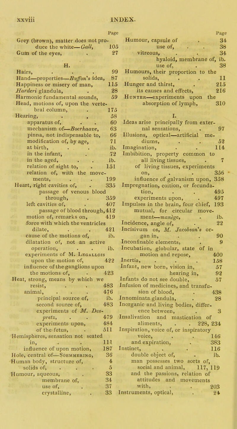 Page Grey (brown), matter does not pro- duce the white—Gall, 105 Gum of the eyes. 27 H. Hairs, 99 Hand—properties—Buffon's idea, 87 Happiness or misery of man, 115 Harden glandula. 28 Harmonic fundamental sounds, 59 Head, motions of, upon the verte bral column, 175 Hearing, 58 apparatus of. 60 mechanism of—Boerhaave, 63 pinna, not indispensable to, 66 modification of, by age, 71 at birth, ib. in the infant, 72 in the aged, ib. relation of sight to. 151 relation of, with the move- ments, . . 199 Heart, right cavities of, . 335 passage of venous blood through, . 359 left cavities of, . 407 passage of blood through,412 motion of, remarks on, 419 force with which the ventricles dilate, . . 421 cause of the motions of, ib. dilatation of, not an active operation, . . ib. experiments of M. Legallois upon the motion of, 422 influence of the ganglions upon the motions of, . 423 Heat, strong, means by which we resist, . . 483 animal, . . . 476 principal source of, ib. second source of, 483 experiments of M. Des- pretz, . . 479 experiments upon, 484 of the fetus, . 511 Hemispheres, sensation not seated in, . . Ill influence of upon motion, 187 Hole, central of—Soemmering, 36 Human body, structure of, 4 solids of, . 5 Humour, aqueous, . 33 membrane of, 34 use of, , 37 crystalline, . 33 Page Humour, capsule of . 34 use of, . . 38 vitreous, . . 34 hyaloid, membrane of, ib. use of, . 38 Humours, their proportion to the solids, . . 11 Hunger and thirst, . 215 its causes and effects, 216 Hunter—experiments upon the absorption of lymph, 310 I. Ideas arise principally from exter- nal sensations, . 97 Illusions, optical—artificial me- diums, . . 52 Imagination, . . 114 Imbibition, property common to all living tissues, . 7 of living tissues, experiments on, . . 356 * influence of galvanism upon, 358 Impregnation, coition, or fecunda- tion, . . 495 experiments upon, . 497 Impulses in the brain, four chief, 193 mutual, for circular move- ment— manege, . ib. Incidence, angle of, . 22 Incisivum os, M. Jacobson's or- gan in, . . 90 Inconfinable elements, . 9 Incubation, globular, state of in motion and repose, 400 Inertia, . . . 158 Infant, new born, vision in, 57 hearing in, 92 Infants do not see double, 57 Infusion of medicines, and transfu- sion of blood, . 438 Innominata glandula, . 28 Inorganic and living bodies, differ- ence between, . 3 Insalivation and mastication of aliments, . . 228, 234 Inspiration, voice of, or inspiratory voice, . . 146 and expiration, . 383 Instinct, . . 116 double object of, . ib. man possesses two sorts of, social and animal, 117, 119 and the passions, relation of attitudes and movements with, . . 203 Instruments, optical, . 24