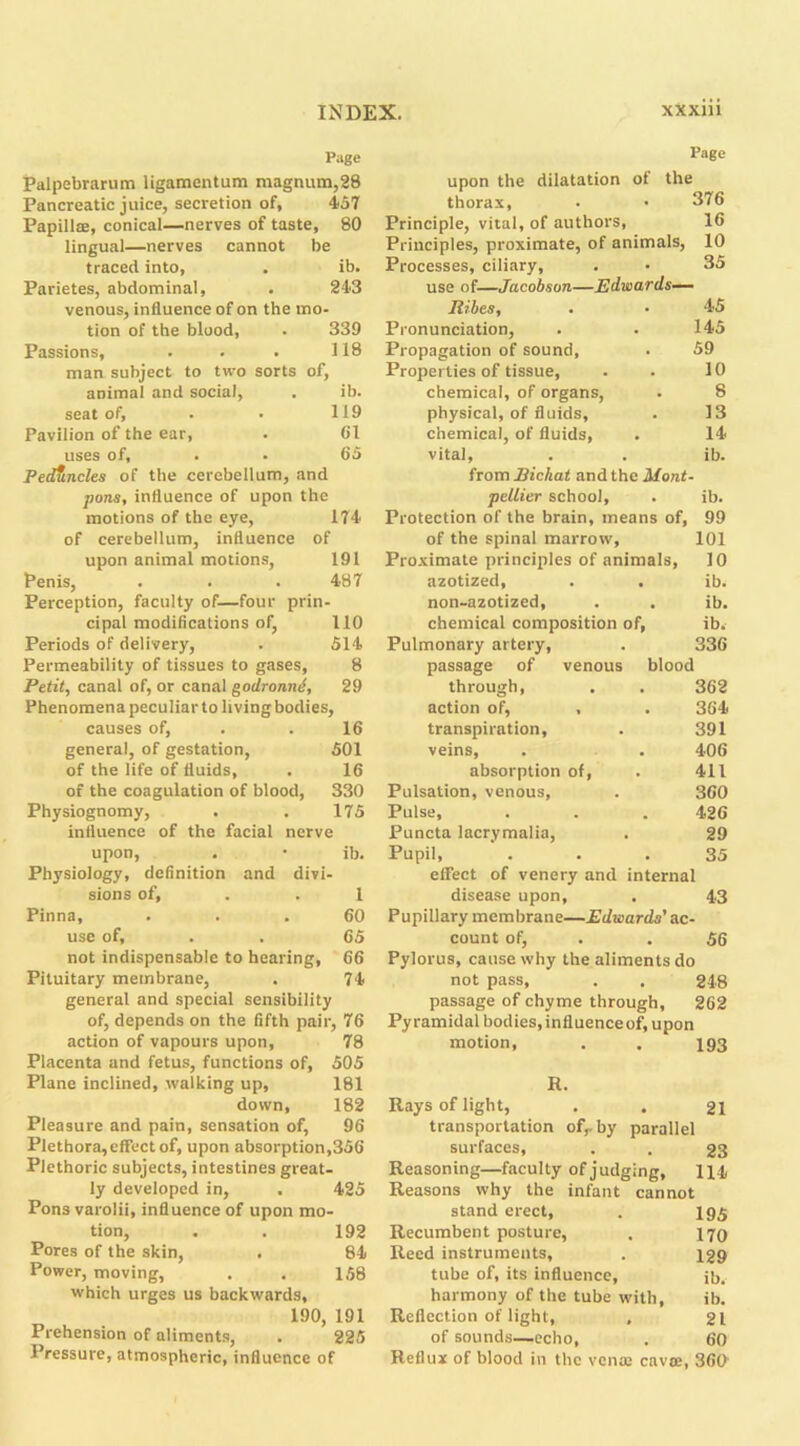 Page Palpebrarum ligamentum magnum,28 Pancreatic juice, secretion of, 457 Papillae, conical—nerves of taste, 80 lingual—nerves cannot be traced into, . ib. Parietes, abdominal, . 243 venous, influence of on the mo- tion of the blood, . 339 Passions, . . . 118 man subject to two sorts of, animal and social, . ib. seat of, . • 119 Pavilion of the ear, . 61 uses of, . • 65 Peduncles of the cerebellum, and pons, influence of upon the motions of the eye, 174 of cerebellum, influence of upon animal motions, 191 Penis, . . . 487 Perception, faculty of—four prin- cipal modifications of, 110 Periods of delivery, . 514 Permeability of tissues to gases, 8 Petit, canal of, or canal godronnd, 29 Phenomena pecu liar to living bodies, causes of, . . 16 general, of gestation, 501 of the life of fluids, . 16 of the coagulation of blood, 330 Physiognomy, . . 175 influence of the facial nerve upon, . • ib. Physiology, definition and divi- sions of, .1 Pinna, ... 60 use of, . . 65 not indispensable to hearing, 66 Pituitary membrane, . 74 general and special sensibility of, depends on the fifth pair, 76 action of vapours upon, 78 Placenta and fetus, functions of, 505 Plane inclined, walking up, 181 down, 182 Pleasure and pain, sensation of, 96 Plethora, effect of, upon absorption,356 Plethoric subjects, intestines great- ly developed in, . 425 Pons varolii, influence of upon mo- tion, . . 192 Pores of the skin, . 84 Power, moving, . . 158 which urges us backwards, 190, 191 Prehension of aliments, . 225 Pressure, atmospheric, influence of Page upon the dilatation of the thorax, • • >176 Principle, vital, of authors, 16 Principles, proximate, of animals, 10 Processes, ciliary, . ■ 35 use of—Jacobson—Edwards— Ribes, . • 45 Pronunciation, . . 145 Propagation of sound, . 59 Properties of tissue, . . 10 chemical, of organs, . 8 physical, of fluids, . 13 chemical, of fluids, . 14 vital, . . ib. from Bichat and the Mont- pellier school, . ib. Protection of the brain, means of, 99 of the spinal marrow, 101 Proximate principles of animals, 10 azotized, . . ib. non-azotized, . . ib. chemical composition of, ib. Pulmonary artery, . 336 passage of venous blood through, . . 362 action of, , . 364 transpiration, . 391 veins, . . 406 absorption of, . 411 Pulsation, venous, . 360 Pulse, . . . 426 Puncta lacrymalia, . 29 Pupil, ... 35 effect of venery and internal disease upon, . 43 Pupillary membrane—Edwards' ac- count of, . . 56 Pylorus, cause why the aliments do not pass, . . 248 passage of chyme through, 262 Pyramidal bodies, influence of, upon motion, . . 193 R. Rays of light, . . 21 transportation ofrby parallel surfaces, . . 23 Reasoning—faculty of judging, 114 Reasons why the infant cannot stand erect, . 195 Recumbent posture, . 170 Reed instruments, . 129 tube of, its influence, ib. harmony of the tube with, ib. Reflection of light, . 21 of sounds—echo, . 60 Reflux of blood in the vena: cavee, 360