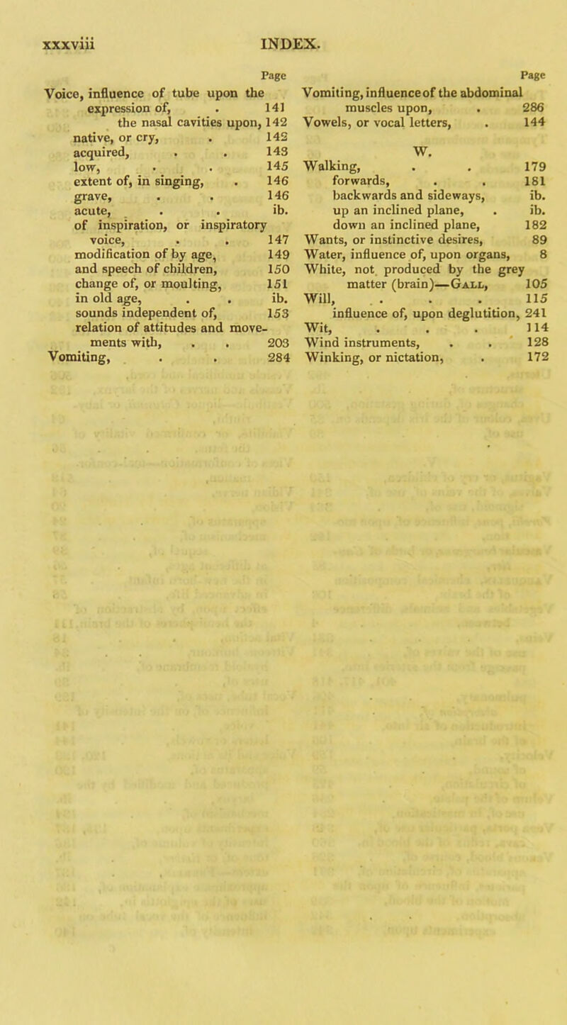 Page Voice, influence of tube upon the expression of, . 141 the nasal cavities upon, 142 native, or cry, . 142 acquired, . . 143 low, . . 145 extent of, in singing, . 146 grave, . . 146 acute, . . ib. of inspiration, or inspiratory voice, . . 147 modification of by age, 149 and speech of children, 150 change of, or moulting, 151 in old age, . . ib. sounds independent of, 153 relation of attitudes and move- ments with, . . 203 Vomiting, . . 284 Page Vomiting, influence of the abdominal muscles upon, . 286 Vowels, or vocal letters, . 144 W. Walking, . . 179 forwards, . . 181 backwards and sideways, ib. up an inclined plane, . ib. down an inclined plane, 182 Wants, or instinctive desires, 89 Water, influence of, upon organs, 8 White, not produced by the grey matter (brain)—Gall, 105 Will, . . . . 115 influence of, upon deglutition, 241 Wit, . . . 114 Wind instruments, . . 128 Winking, or nictation, . 172