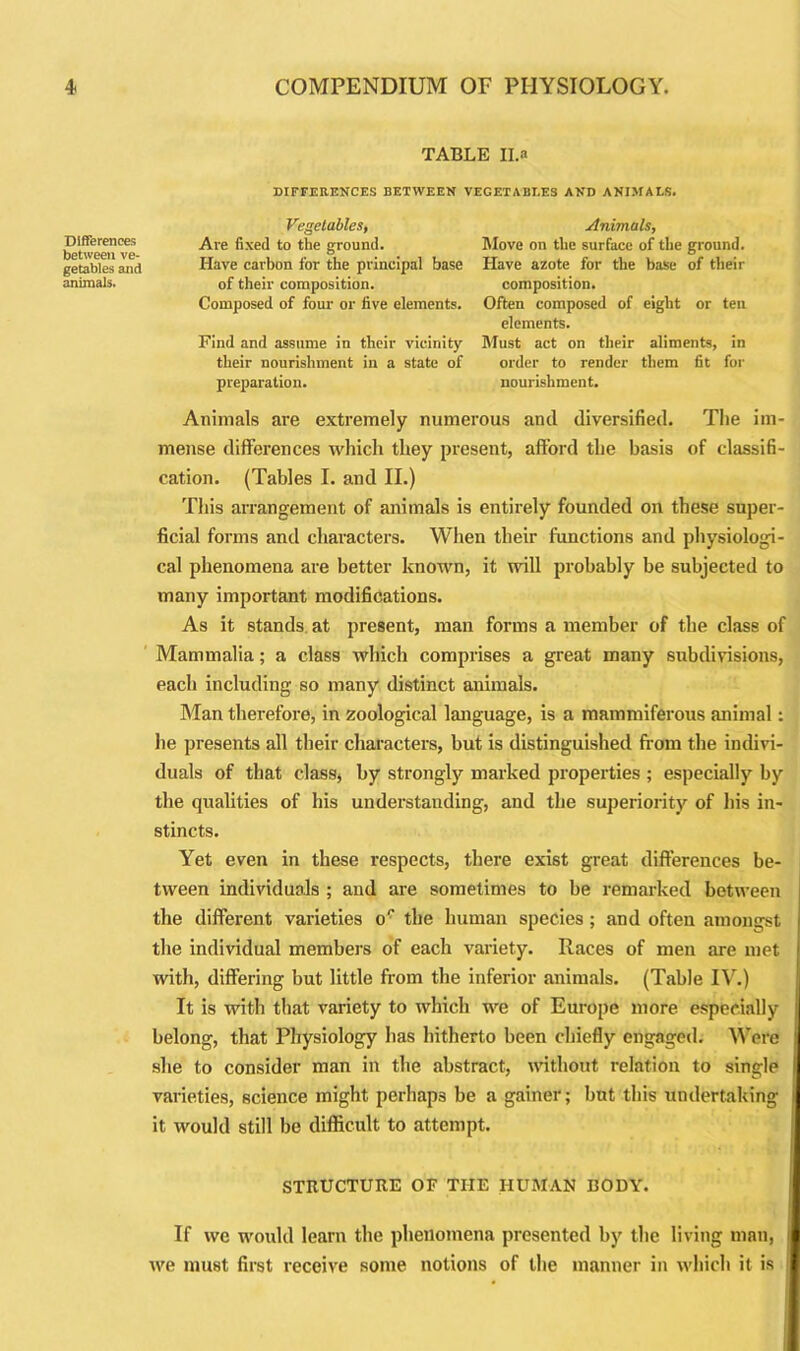 Differences between ve- getables and animals. TABLE II.a DIFFERENCES BETWEEN VEGETABLES AND ANIMALS. Vegetables, Animals, Are fixed to the ground. Move on the surface of the ground. Have carbon for the principal base Have azote for the base of their of their composition. composition. Composed of four or five elements. Often composed of eight or ten elements. Find and assume in their vicinity Must act on their aliments, in their nourishment in a state of order to render them fit for preparation. nourishment. Animals are extremely numerous and diversified. The im- mense differences which they present, afford the basis of classifi- cation. (Tables I. and II.) This arrangement of animals is entirely founded on these super- ficial forms and characters. When their functions and physiologi- cal phenomena are better known, it will probably be subjected to many important modifications. As it stands at present, man forms a member of the class of Mammalia; a class which comprises a great many subdivisions, each including so many distinct animals. Man therefore, in zoological language, is a mammiferous animal: he presents all their characters, but is distinguished from the indivi- duals of that class, by strongly marked properties ; especially by the qualities of his understanding, and the superiority of his in- stincts. Yet even in these respects, there exist great differences be- tween individuals ; and are sometimes to be remarked between the different varieties o' the human species ; and often amongst j the individual members of each variety. Races of men are met I with, differing but little from the inferior animals. (Table IV.) It is with that variety to which we of Europe more especially ! belong, that Physiology has hitherto been chiefly engaged. Were she to consider man in the abstract, without relation to single I varieties, science might perhaps be a gainer; but this undertaking it would still be difficult to attempt. STRUCTURE OF THE HUMAN BODY. If we would learn the phenomena presented by the living man, we must first receive some notions of the manner in which it is