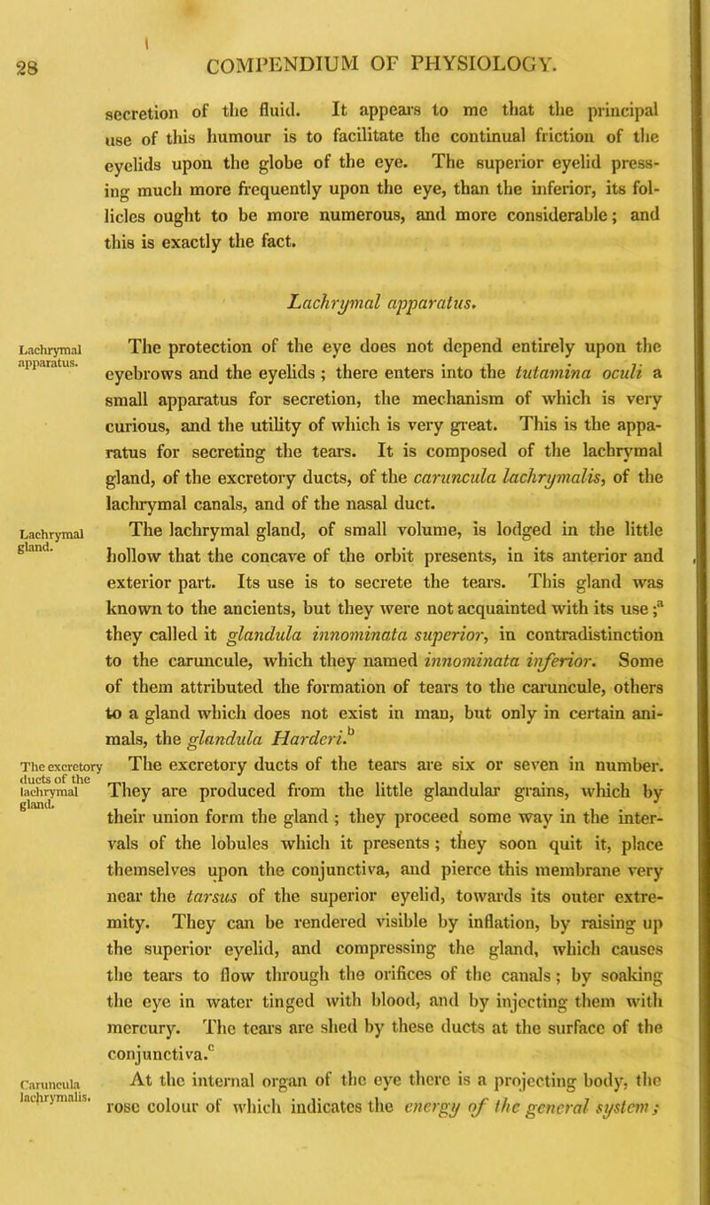 l secretion of the fluid. It appeals to me that the principal use of this humour is to facilitate the continual friction of the eyelids upon the globe of the eye. The superior eyelid press- ing much more frequently upon the eye, than the inferior, its fol- licles ought to be more numerous, and more considerable; and this is exactly the fact. Lachrymal apparatus. Lachrymal apparatus. Lachrymal gland. The excretory ducts of the lachrymal gland. Caruncula lachrymnlis. The protection of the eye does not depend entirely upon the eyebrows and the eyelids ; there enters into the iutamina oculi a small apparatus for secretion, the mechanism of which is very curious, and the utility of which is very great. This is the appa- ratus for secreting the tears. It is composed of the lachrymal gland, of the excretory ducts, of the caruncula lachrymalis, of the lachrymal canals, and of the nasal duct. The lachrymal gland, of small volume, is lodged in the little hollow that the concave of the orbit presents, in its anterior and exterior part. Its use is to secrete the tears. This gland was known to the ancients, but they were not acquainted with its use ;a they called it glandula innomina.ta superior, in contradistinction to the caruncule, which they named innominata inferior. Some of them attributed the formation of tears to the caruncule, others to a gland which does not exist in man, but only in certain ani- mals, the glandula Harderi. The excretory ducts of the tears are six or seven in number. They are produced from the little glandular grains, which by their union form the gland ; they proceed some way in the inter- vals of the lobules which it presents ; they soon quit it, place themselves upon the conjunctiva, and pierce this membrane very near the tarsus of the superior eyelid, towards its outer extre- mity. They can be rendered visible by inflation, by raising up the superior eyelid, and compressing the gland, which causes the tears to flow through the orifices of the canals; by soaking the eye in water tinged with blood, and by injecting them with mercury. The tears are shed by these ducts at the surface of the conjunctiva.0 At the internal organ of the eye there is a projecting body, the rose colour of which indicates the energy of the general system;