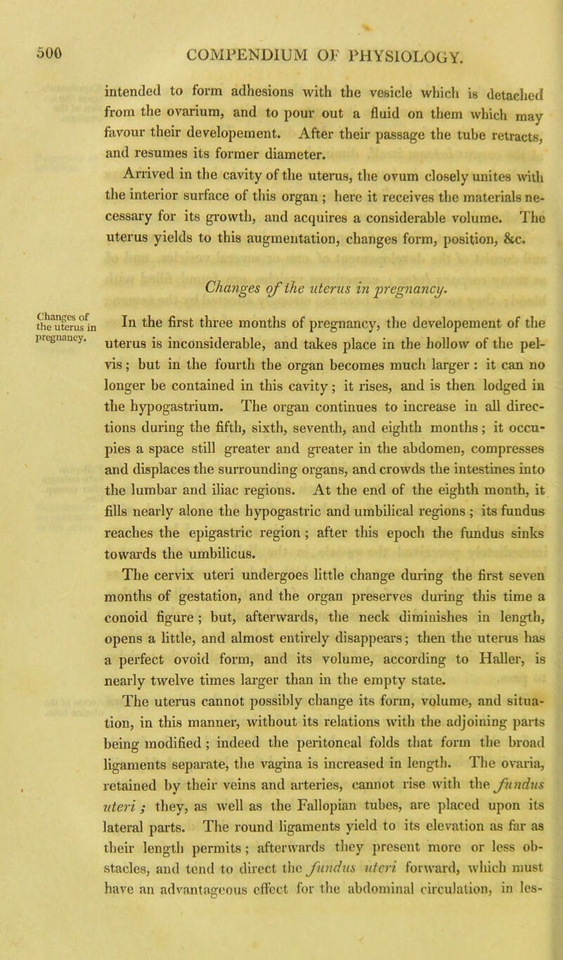 intended to form adhesions with the vesicle which is detached from the ovarium, and to pour out a fluid on them which may favour their developement. After their passage the tube retracts, and resumes its former diameter. Arrived in the cavity of the uterus, the ovum closely unites with the interior surface of this organ ; here it receives the materials ne- cessary for its growth, and acquires a considerable volume. The uterus yields to this augmentation, changes form, position, &c. Changes ofihe uterus in pregnancy. Changes of the uterus in pregnancy. In the first three months of pregnancy, the developement of the uterus is inconsiderable, and takes place in the hollow of the pel- vis ; but in the fourth the organ becomes much larger: it can no longer be contained in this cavity; it rises, and is then lodged in the hypogastrium. The organ continues to increase in all direc- tions during the fifth, sixth, seventh, and eighth months; it occu- pies a space still greater and greater in the abdomen, compresses and displaces the surrounding organs, and crowds the intestines into the lumbar and iliac regions. At the end of the eighth month, it fills nearly alone the hypogastric and umbilical regions ; its fundus reaches the epigastric region; after this epoch the fundus sinks towards the umbilicus. The cervix uteri undergoes little change during the first seven months of gestation, and the organ preserves during this time a conoid figure; but, afterwards, the neck diminishes in length, opens a little, and almost entirely disappears; then the uterus has a perfect ovoid form, and its volume, according to Haller, is nearly twelve times larger than in the empty state. The uterus cannot possibly change its form, volume, and situa- tion, in this manner, without its relations with the adjoining parts being modified ; indeed the peritoneal folds that form the broad ligaments separate, the vagina is increased in length. The ovaria, retained by their veins and arteries, cannot rise with the fundus uteri ; they, as well as the Fallopian tubes, are placed upon its lateral parts. The round ligaments yield to its elevation as far as their length permits; afterwards they present more or less ob- stacles, and tend to direct the fundus uteri forward, which must have an advantageous effect for the abdominal circulation, in les-