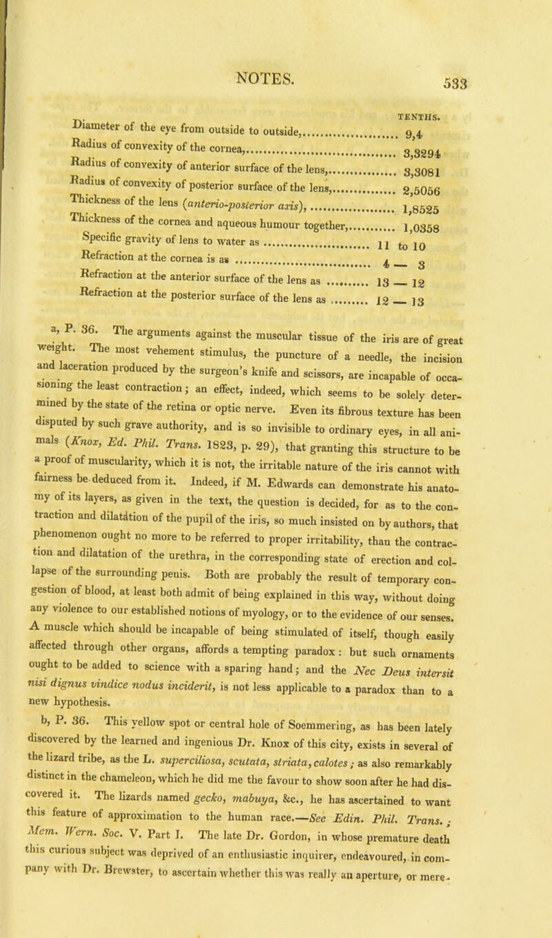 Diameter of the eye from outside to outside, Radius of convexity of the cornea, Radius of convexity of anterior surface of the lens, Radius of convexity of posterior surface of the lens,.... Thickness of the lens (anterio-posterior axis), Thickness of the cornea and aqueous humour together, Specific gravity' of lens to water as Refraction at the cornea is as Refraction at the anterior surface of the lens as Refraction at the posterior surface of the lens as TENTHS. 9,4 3,3294 3,3081 2,5056 1,8525 1,0358 11 to 10 4— 3 13 — 12 12 — 13 a, P. 36. The arguments against the muscular tissue of the iris are of great weight. The most vehement stimulus, the puncture of a needle, the incision and laceration produced by the surgeon's knife and scissors, are incapable of occa- sioning the least contraction; an effect, indeed, which seems to be solely deter- mined by the state of the retina or optic nerve. Even its fibrous texture has been disputed by such grave authority, and is so invisible to ordinary eyes, in all ani- mals (A/iox, Ed. Phil. Trans. 1823, p. 29), that granting this structure to he a proof of muscularity, which it is not, the irritable nature of the iris cannot with fairness be deduced from it. Indeed, if M. Edwards can demonstrate his anato- my of its layers, as given in the text, the question is decided, for as to the con- traction and dilatdtion of the pupil of the iris, so much insisted on by authors, that phenomenon ought no more to be referred to proper irritability, than the contrac- tion and dilatation of the urethra, in the corresponding state of erection and col- lapse of the surrounding penis. Both are probably the result of temporary con- gestion of blood, at least both admit of being explained in this way, without doing any violence to our established notions of myology, or to the evidence of our senses. A muscle which should be incapable of being stimulated of itself, though easily affected through other organs, affords a tempting paradox : but such ornaments ought to be added to science with a sparing hand; and the Nec JDeus intersit nisi dignus vindice nodus inciderit, is not less applicable to a paradox than to a new hypothesis. b, P. 36. This yellow spot or central hole of Soemmering, as has been lately discovered by the learned and ingenious Dr. Knox of this city, exists in several of the lizard tribe, as the L. superciliosa, scutata, striata, calotes; as also remarkably distinct in the chameleon, which he did me the favour to show soon after he had dis- covered it. The lizards named gecko, maburja, &c, he has ascertained to want this feature of approximation to the human race See Edin. Phil. Trans. ■ Mem. Hern. Soc. V. Part I. The late Dr. Gordon, in whose premature death this curious subject was deprived of an enthusiastic inquirer, endeavoured, in com- pany with Dr. Brewster, to ascertain whether this was really an aperture, or mere-