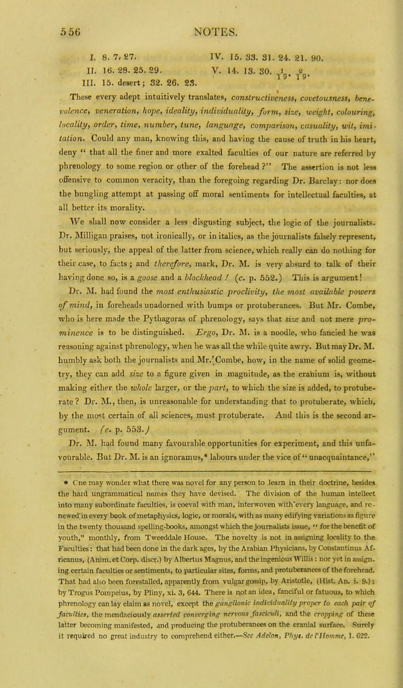 I. 8. 7. S7. IV. J5. S3. 81. 24. 21. 90. II. 16.28.25.29. V. 14. 13.30. l j2 III. 15. desert; 32. 26. 23. These every adept intuitively translates, cnnstrucliveness, covetousness, bene- volence, veneration, hope, ideality, individuality, form, size, weight, colouring, locality, order, time, number, tune, language, comparison, casuality, wit, imi- tation. Could any man, knowing this, and having the cause of truth in his heart, deny “ that all the finer and more exalted faculties of our nature are referred hy phrenology to some region or other of the forehead ?” The assertion is not less offensive to common veracity, than the foregoing regarding Dr. Barclay: nor does the bungling attempt at passing off moral sentiments for intellectual faculties, at all better its morality. We shall now consider a less disgusting subject, the logic of the journalists. Dr. Milligan praises, not ironically, or in italics, as the journalists falsely represent, but seriously, the appeal of the latter from science, which really can do nothing for their case, to facts ; and therefore, mark, Dr. M. is very absurd to talk of their having done so, is a goose and a blockhead ! (c. p. 552.) This is argument! Dr. M. had found the most enthusiastic proclivity, the most available powers of mind, in foreheads unadorned with bumps or protuberances. But Mr. Combe, who is here made the Pythagoras of phrenology, says that size and not mere pro- minence is to be distinguished. Ergo, Dr. M. is a noodle, who fancied he was reasoning against phrenology, when he was all the while quite awry. But may Dr. M. humbly ask both the journalists and Mr.'Combe, how, in the name of solid geome- try, they can add size to a figure given in magnitude, as the cranium is, without making either the ivhole larger, or the part, to which the size is added, to protube- rate ? Dr. M., then, is unreasonable for understanding that to protuberate, which, by the most certain of all sciences, must protuberate. And this is the second ar- gument. (e. p. 553. J Dr. M. had found many favourable opportunities for experiment, and this unfa- vourable. But Dr. M. is an ignoramus,* labours under the vice of “ unacquaintance, • C ne may wonder what there was novel for any person to leam in their doctrine, besides the hard ungrammatical names they have devised. The division of the human intellect into many subordinate faculties, is coeval with man, interwoven with'evcry language, and rc- newed'in every book of metaphysics, logic, or morals, with as many edifying variations as figure in the twenty thousand spelling-books, amongst which the journalists issue, “ for the benefit of youth,” monthly, from Tweeddale House. The novelty is not in assigning locality to the Faculties: that had been done in the dark ages, by the Arabian Physicians, by Constantinus Af- ricanus, (Anim. et Corp. discr.) by Albertus Magnus, and the ingenious Willis: nor yet in assign- ing certain faculties or sentiments, to particular sites, forms, and protuberances of the forehead. That had also been forestalled, apparently from vulgar gossip, by Aristotle, (Hist. An. i. 9.); by Trogus Pompeius, by Pliny, xi. 3, G44. There is notan idea, fanciful or fatuous, to which phrenology can lay claim as novel, except the ganglionic individuality proper to each flair of faculties, the mendaciously asserted converging nervous fasciculi, and the cropping of these latter becoming manifested, and producing the protuberances on the cranial surface. Surely it required no great industry to comprehend cither.—Sec Addon, Phyt.de Cllomme, 1.623.