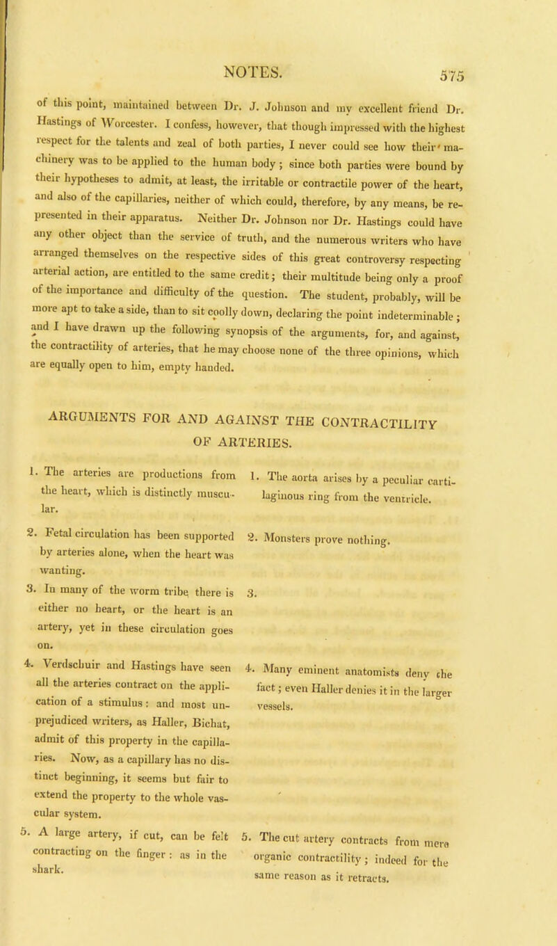 of this point, maintained between Dr. J. Johnson and my excellent friend Dr. Hastings of Worcester. I confess, however, that though impressed with the highest lespect for the talents and zeal of both parties, I never could see how their'ma- chinery was to be applied to the human body ; since both parties were bound by their hypotheses to admit, at least, the irritable or contractile power of the heart, and also of the capillaries, neither of which could, therefore, by any means, be re- presented in their apparatus. Neither Dr. Johnson nor Dr. Hastings could have any other object than the service of truth, and the numerous writers who have arranged themselves on the respective sides of this great controversy respecting arterial action, are entitled to the same credit; their multitude being only a proof of the importance and difficulty of the question. The student, probably, will be more apt to take aside, than to sit coolly down, declaring the poiut indeterminable ; and I have drawn up the following synopsis of the arguments, for, and against, the contractility of arteries, that he may choose none of the three opinions, which are equally open to him, empty handed. ARGUMENTS FOR AND AGAINST THE CONTRACTILITY OF ARTERIES. 1. The arteries are productions from the heart, which is distinctly muscu- lar. I 2. Fetal circulation has been supported by arteries alone, when the heart was wanting. 3. In many of the worm tribe there is either no heart, or the heart is an artery, yet in these circulation goes on. 4. Verdschuir and Hastings have seen all the arteries contract on the appli- cation of a stimulus: and most un- prejudiced writers, as Haller, Bichat, admit of this property in the capilla- ries. Now, as a capillary has no dis- tinct beginning, it seems but fair to extend the property to the whole vas- cular system. 5. A large artery, if cut, can be felt contracting on the finger : as in the shark. 1. The aorta arises by a peculiar carti- laginous ring from the ventricle. 2. Monsters prove nothing. 3. 4. Many eminent anatomists deny che iact; even Haller denies it in the larger vessels. 5. The cut artery contracts from mere organic contractility ; indeed for the same reason as it retracts.