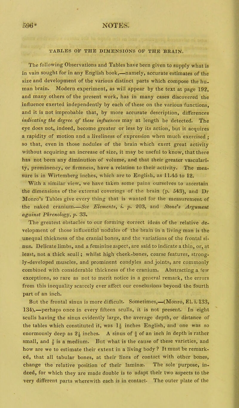 TABLES OF THE DIMENSIONS OF THE BRAIN. The following Observations and Tables have been given to supply what is in vain sought for in any English book,—namely, accurate estimates of the size and development of the various distinct parts which compose the hu. man brain. Modern experiment, as will appear by the text at page 192, and many others of the present work, has in many cases discovered the influence exerted independently by each of these on the various functions, and it is not improbable that, by more accurate description, differences indicating the degree of these influences may at length be detected. The eye does not, indeed, become greater or less by its action, but it acquires a rapidity of motion and a liveliness of expression when much exercised ; so that, even in those nodules of the brain which exert great activity without acquiring an increase of size, it may be useful to know, that there has not been any diminution of volume, and that their greater vasculari- ty, prominency, or firmness, have a relation to their activity. The mea- sure is in Wirtemberg inches, which are to English, as 11.45 to 12. With a similar view, we have taken some pains ourselves to ascertain the dimensions of the external coverings of the brain (p. 543), and Dr Monro’s Tables give every thing that is wanted for the measurement of the naked cranium—See Elements, i. p. 203, and Stone's Argument against Phrenology, p. 33, The greatest obstacles to our forming correct ideas of the relative de- velopment of those influential nodules of the brain in a living man is the unequal thickness of the cranial bones, and the variations of the frontal si- nus. Delicate limbs, and a feminine aspect, are said to indicate a thin, or, at least, not a thick scull; whilst high cheek-bones, coarse features, strong- ly-developed muscles, and prominent condyles and joints, are commonly combined with considerable thickness of the cranium. Abstracting a few exceptions, so rare as not to merit notice in a general remark, the errors from this inequality scarcely ever affect our conclusions beyond the fourth part of an inch. But the frontal sinus is more difficult. Sometimes,—(Monro, El. i. 133, 134),—perhaps once in every fifteen sculls, it is not present. In eight sculls having the sinus evidently large, the average depth, or distance of the tables which constituted it, was 1| inches English, and one was so enormously deep as 2i inches. A sinus of f of an inch in depth is rather small, and | is a medium. But what is the cause of these varieties, and how are we to estimate their extent in a living body ? It must be remark- ed, that all tabular bones, at their lines of contact with other bones, change the relative position of their laminae. The sole purpose, in- deed, for which they are made double is to adapt their two aspects to the Very different parts wherewith each is in contact. The outer plate of the