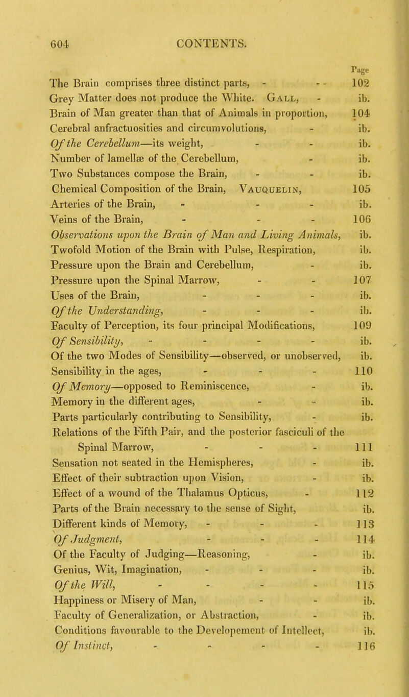 Page The Brain comprises three distinct parts, - - 102 Grey Matter does not produce the White. Gall, - ib. Brain of Man greater than that of Animals in proportion, 104 Cerebral anfractuosities and circumvolutions, - ib. Of the Cerebellum—its weight, - - ib. Number of lamellae of the Cerebellum, - ib. Two Substances compose the Brain, - - ib. Chemical Composition of the Brain, Vauquelin, 105 Arteries of the Brain, - - - ib. Veins of the Brain, - - 106 Observations upon the Brain of Alan and Living Animals, ib. Twofold Motion of the Brain with Pulse, Respiration, ib. Pressure upon the Brain and Cerebellum, - ib. Pressure upon the Spinal Marrow, - - 107 Uses of the Brain, - - ib. Of the Understanding, - - - ib. Faculty of Perception, its four principal Modifications, 109 Of Sejisibility, ib. Of the two Modes of Sensibility—observed, or unobserved, ib. Sensibility in the ages, - - - 110 Of Memory—opposed to Reminiscence, - ib. Memory in the different ages, - - ib. Parts particularly contributing to Sensibility, - ib. Relations of the Fifth Pair, and the posterior fasciculi of the Spinal Marrow, - - - 111 Sensation not seated in the Hemispheres, - ib. Effect of their subtraction upon Vision, - ib. Effect of a wound of the Thalamus Opticus, - 112 Parts of the Brain necessary to the sense of Sight, ib. Different kinds of Memory, - - - 113 Of Judgment, - - - 114 Of the Faculty of Judging—Reasoning, - ib. Genius, Wit, Imagination, - - - ib. Of the Will, - - - 115 Happiness or Misery of Man, - - ib. Faculty of Generalization, or Abstraction, - ib. Conditions favourable to the Developement of Intellect, ib. Of Instinct, - - - - 116