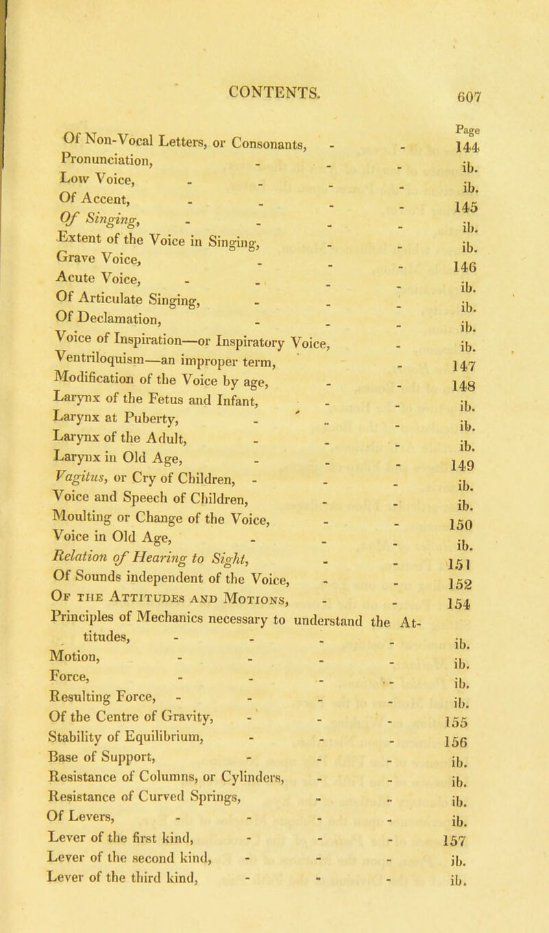 Of Non-Vocal Letters, or Consonants, - . 144 Pronunciation, ' - - ib Low Voice, . Of Accent, . Of Singing, ib# Extent of the Voice in Singing, * - ib Grave Voice, . . _ 146* Acute Voice, ' ' - - ib Of Articulate Singing,  ■ - ib Of Declamation, ‘ - ib Voice of Inspiration—or Inspiratory Voice, - ;b Ventriloquism—an improper term, . \ 47 Modification of the Voice by age, - . ]4g Larynx of the Fetus and Infant, - . ib Larynx at Puberty, _ _ Larynx of the Adult, . . - ib' Larynx in Old Age, - . . U9 Vagitus, or Cry of Children, jb Voice and Speech of Children, . . jb Moulting or Change of the Voice, - . j50 Voice in Old Age, . 0 .  ib. Relation of Hearing to Sight, . . j ^ j Of Sounds independent of the Voice, - . j52 Of the Attitudes and Motions, - . 154, Principles of Mechanics necessary to understand the At- titudes, - - . _ m Motion, - . . _ ^ Force, - . . .. jb Resulting Force, ib Of the Centre of Gravity, - . . Stability of Equilibrium, - . . Base of Support,  • - ib Resistance of Columns, or Cylinders, * - ib Resistance of Curved Springs, - .. jb Of Levers, ib Lever of the first kind, - 457 Lever of the second kind, - - - ib. Lever of the third kind, - - - jj,.