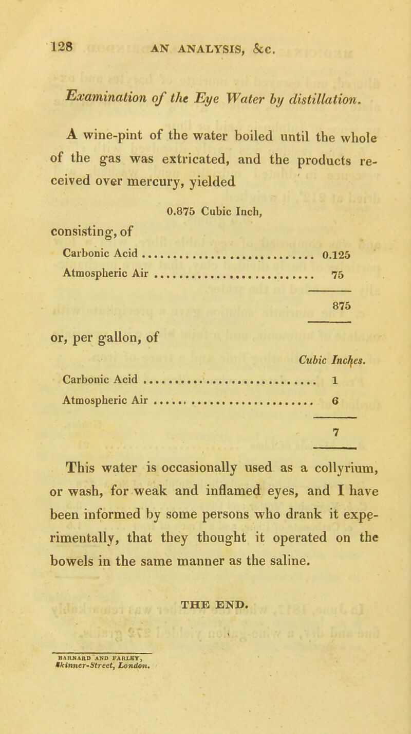 AN ANALYSIS, &C. Examination of the Eye Water hy distillation. A wine-pint of the water boiled until the whole of the gas was extricated, and the products re- ceived over mercury, yielded 0.875 Cubic Inch, consisting, of Carbonic Acid 0.125 Atmospheric Air 75 875 or, per gallon, of Cubic Inches. Carbonic Acid 1 Atmospheric Air 6 7 This water is occasionally used as a collyrium, or wash, for weak and inflamed eyes, and I have been informed by some persons who drank it expe- rimentally, that they thought it operated on the bowels in the same manner as the saline. THE END. BARKASD JtND FAIU.ST, fkinntr-Street, Ijondon,