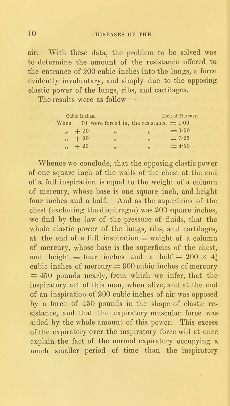 air. With these data, the problem to be solved was to determine the amount of the resistance offered to the entrance of 200 cubic inches into the lungs, a force evidently involuntary, and simply due to the opposing elastic power of the lungs, ribs, and cartilages. The results were as follow— Cubic Inches. Inch of Mercury. When 70 were forced in, the resistance = 1-00 „ + 20 „ „ = 1-50 „ +90 „ „ =3-25 „ + 20 „ „ = 4-50 Whence we conclude, that the opposing elastic poM'er of one square inch of the walls of the chest at the end of a full inspiration is equal to the weight of a column of mercury, whose base is one square inch, and height four inches and a half. And as the superficies of the chest (excluding the diaphragm) was 200 square inches, we find by the law of the pressure of fluids, that the whole elastic power of the lungs, ribs, and cartilages, at the end of a full inspiration = weight of a column of mercury, whose base is the superficies of the chest, and height = four inches and a half = 200. x 41 cubic inches of mercury = 900 cubic inches of mercury = 450 pounds nearly, from which we infer, that the inspiratory act of this man, when alive, and at the end of an inspiration of 200 cubic inches of air was opposed by a force of 450 pounds in the shape of elastic re- sistance, and that the expiratory muscular force was aided by the whole amount of this power. This excess of the expiratory over the inspiratory force will at once explain the fact of the normal expiratory occupying a much smaller period of time than the inspiratory