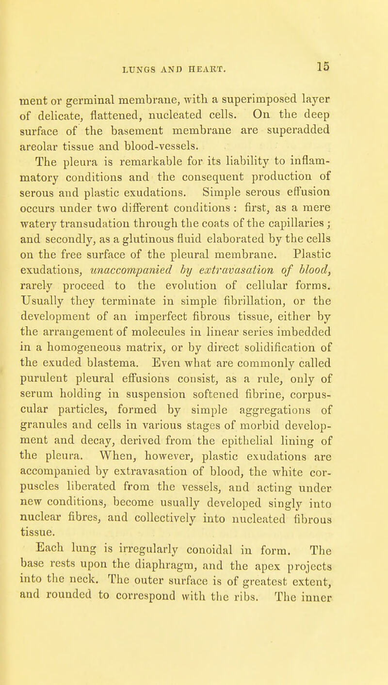 merit or germinal membrane, with a superimposed layer of delicate, flattened, nucleated cells. On the deep surface of the basement membrane are superadded areolar tissue and blood-vessels. The pleura is remarkable for its liability to inflam- matory conditions and the consequent production of serous and plastic exudations. Simple serous effusion occurs under two different conditions : first, as a mere watery transudation through the coats of the capillaries ; and secondly, as a glutinous fluid elaborated by the cells on the free surface of the pleural membrane. Plastic exudations, unaccompanied by extravasation of blood, rarely proceed to the evolution of cellular forms. Usually they terminate in simple fibrillation, or the development of an imperfect fibrous tissue, either by the arrangement of molecules in linear series imbedded in a homogeneous matrix, or by direct solidification of the exuded blastema. Even what are commonly called purulent pleural effusions consist, as a rule, only of serum holding in suspension softened fibrine, corpus- cular particles, formed by simple aggregations of granules and cells in various stages of morbid develop- ment and decay, derived from the epithelial lining of the pleura. When, however, plastic exudations are accompanied by extravasation of blood, the white cor- puscles liberated from the vessels, and acting under new conditions, become usually developed singly into nuclear fibres, and collectively into nucleated fibrous tissue. Each lung is irregularly conoidal in form. The base rests upon the diaphragm, and the apex projects into the neck. The outer surface is of greatest extent, and rounded to correspond with the ribs. The inner