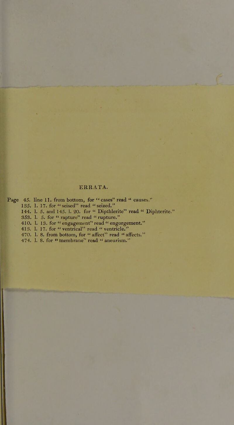 ERRATA. Page 45. line 11. from bottom, for cases read  causes. 135. 1. 17. for seised read seized. 144. 1. 5. and 145. 1. 20. for  Dipthlerite read  Diphterite. 353. L 5. for  rapture read rupture. 410. 1. 13. for  engagement read  engorgement. 413. 1. 17. for ventrical read ventricle. 470. 1. 8. from bottom, for  affect read  affects.