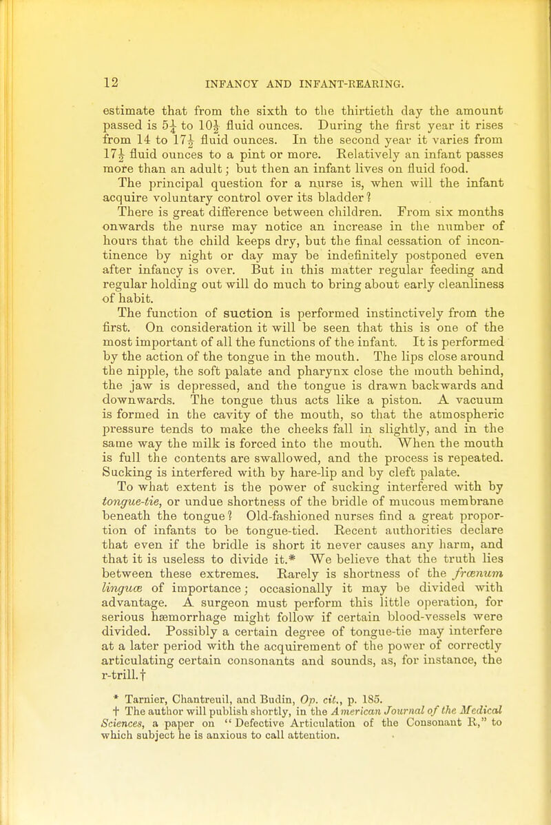 estimate that from the sixth to the thirtieth day the amount passed is 5^ to lOJ fluid ounces. During the first year it rises from 14 to 17^ fluid ounces. In the second year it varies from 17| fluid ounces to a pint or more. Relatively an infant passes more than an adult; but then an infant lives on fluid food. The principal question for a nurse is, when will the infant acquire voluntary control over its bladder] There is great difference between children. From six months onwards the nurse may notice an increase in the n^imber of hours that the child keeps dry, but the final cessation of incon- tinence by night or day may be indefinitely postponed even after infancy is over. But in this matter regular feeding and regular holding out will do much to bring about early cleanliness of habit. The function of suction is performed instinctively from the first. On consideration it will be seen that this is one of the most important of all the functions of the infant. It is performed by the action of the tongue in the mouth. The lips close around the nipple, the soft palate and pharynx close the mouth behind, the jaw is depressed, and the tongue is drawn backwards and downwards. The tongue thus acts like a piston. A vacuum is formed in the cavity of the mouth, so that the atmospheric pressure tends to make the cheeks fall in slightly, and in the same way the milk is forced into the mouth. When the mouth is full the contents are swallowed, and the process is repeated. Sucking is interfered with by hare-lip and by cleft palate. To what extent is the power of sucking interfered with by tongue-tie, or undue shortness of the bridle of mucous membrane beneath the tongue? Old-fashioned nurses find a great propor- tion of infants to be tongue-tied. Recent authorities declare that even if the bridle is short it never causes any harm, and that it is useless to divide it.* We believe that the truth lies between these extremes. Rarely is shortness of the frcenum linguce of importance; occasionally it may be divided with advantage. A surgeon must perform this little operation, for serious haemorrhage might follow if certain blood-vessels were divided. Possibly a certain degree of tongue-tie may interfere at a later period with the acquirement of the power of correctly articulating certain consonants and sounds, as, for instance, the r-trill.f * Tarnier, Chantreuil, and Budin, Op. ciL, p. 1S5. t The author will publish shortly, in the American Journal of the Medical Sciences, a paper on  Defective Articulation of the Consonant R, to which subject he is anxious to call attention.