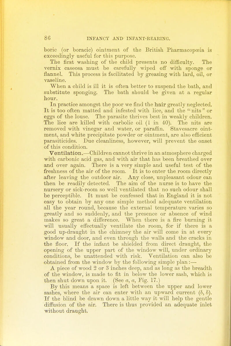 boric (or boracic) ointment of the British PliarmacopcEia is exceedingly useful for this purpose. Tlie first washing of the child presents no difficulty. The vernix caseosa must be carefully wiped o& with sponge or flannel. This process is facilitated by greasing with lard, oil, or vaseline. When a child is ill it is often better to suspend the bath, and substitute sponging. The bath should be given at a regular hour. In practice amongst the poor we find the hair greatly neglected. It is too often matted and infested with lice, and the nits or eggs of the louse. The parasite thrives best in weakly children. The lice are killed with carbolic oil (1 in 40). The nits are removed with vinegar and water, or paraffin. Stavesacre oint- ment, and white precipitate powder or ointment, are also efficient parasiticides. Due cleanliness, however, will prevent the onset of this condition. Ventilation.—Children cannot thrive in an atmosphere charged with carbonic acid gas, and with air that has been breathed over and over again. There is a very simple and useful test of the freshness of the air of the room. It is to enter the room directly after leaving the outdoor air. Any close, unpleasant odour can then be readily detected. The aim of the nurse is to have the nursery or sick-room so well ventilated that no such odour shall be perceptible. It must be confessed that in England it is not easy to obtain by any one simple method adequate ventilation all the year round, because the external temperature varies so greatly and so suddenly, and the presence or absence of wind makes so great a difference. When there is a fire burning it will usually effectually ventilate the room, for if there is a good up-draught in the chimney the air will come in at every window and door, and even through the walls and the cracks in the floor. If the infant be shielded from direct draught, the opening of the upper part of the window will, under ordinaiy conditions, be unattended with risk. Ventilation can also be obtained from the window by the following simple plan:— A piece of wood 2 or 3 inches deep, and as long as the breadth of the window, is made to fit in below the lower sash, which is then shut down upon it. (See a, a, Fig. 17.) By this means a space is left between the upper and lower sashes, where the air can enter with an upward current (b, b). If the blind be drawn down a little way it will help the gentle diffusion of the air. There is thus jjrovided an adequate inlet without draught.