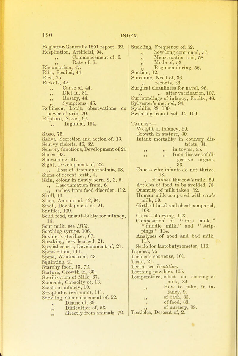 Eegistrar-General's 1891 report, 32. Respiration, Artificial, 94. Commencement of, 6. ,, Rate of, 7. Rheumatism, 47. Ribs, Beaded, 44. Rice, 75. Rickets, 42. ,, Cause of, 44. ,, Diet in, 81. ,, Rosary, 44. ,, Symptoms, 46. Robinson, Louis, observations on power of grip, 20. Rupture, Navel, 97. Inguinal, 194. Sago, 75. Saliva, Secretion and action of, 13. Scurvy-rickets, 46, 82. Sensory functions, Development of, 20 Shoes, 93. Shortening, 91. Sight, Development of, 22. ,, Loss of, from ophthalmia, 98. Signs of recent birth, 4. Skin, colour in newly born, 2, 3, 5. ,, Desquamation from, 6. ,, rashes from food disorder, 112. Skull, 16 Sleep, Amount of, 42, 94. Smell, Development of, 21. Snuffles, 109. Solid food, unsuitability for infancy, 14. Sour milk, see Milk. Soothing syrups, 106. Soxhlet's steriliser, 67. Speaking, how learned, 21. Special senses. Development of, 21. Spina bifida, 111. Spine, Weakness of, 43. Squinting, 21. Starchy food, 13, 72. Stature, Growth in, 30. Sterilisation of Milk, 67. Stomach, Capacity of, 13. Stools in infancy, 10. Strophulus (red gum). 111. Suckling, Commencement of, 52. „ Disuse of, 39. ,, Difficulties of, 53. „ directly from animals, 72. Suckling, Frequency of, 52. ,, how long continued, 57. ,, Menstruation and, 58. Mode of, 53. ,, Regimen during, 56. Suction, 12. Sunshine, Need of, 36. ,, records, 36. Surgical cleanliness for navel, 96. ,, ,. after vaccination, 107. Surroundings of infancy. Faulty, 48. Sylvester's method, 94. Syphilis, 33, 109. Sweating from head, 44, 109. Tables:— Weight in infancy, 29. Growth in stature, 30. Infant mortality in country dis- tricts, 34. ,, >, in towns, 35. ,, ,, from diseases of di- gestive organs, 33. Causes why infants do not thrive, 48. ,, of unhealthy cow's milk, 59. Articles of food to be avoided, 78. Quantity of milk taken, 52. Human milk compared with cow's milk, 59. Girth of head and chest compared, 108. Causes of crying, 113. Composition of  fore milk,  middle milk, and  strip- pings, 114. Analyses of good and bad milk, 115. Scale for lactobutyrometer, 116. Tapioca, 75. Tarnier's couveuse, 101. Taste, 21. Teeth, see Dentition. Teething powders, 105. Temperature, effect on souring of milk, 84. ,, How to take, in in- fancy, 9. ,, of bath, 85. of food, 83. ,, of nursery, 88. Testicles, Descent of, 2.