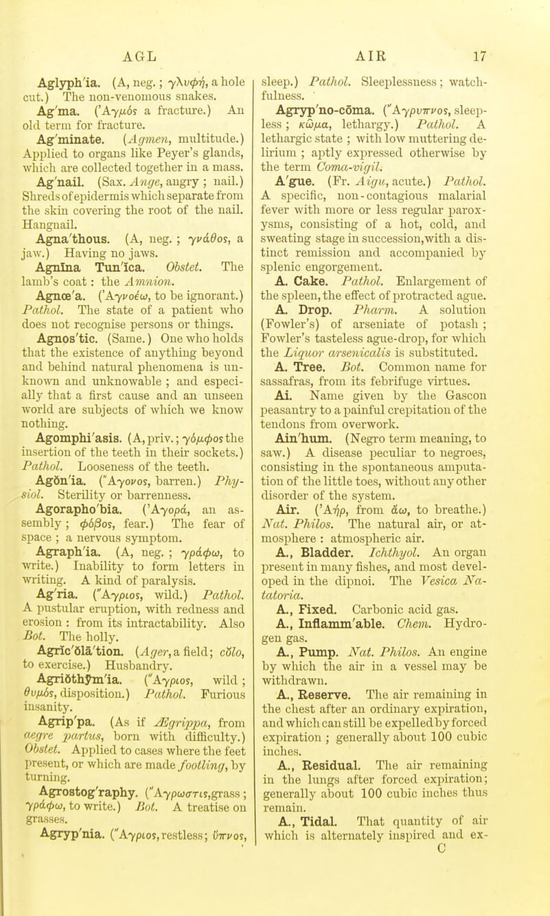 Aglyph'ia. (A, neg.; y\v(pv, a hole cut.) The uon-venomous snakes. Ag'ma. ('A7^6j a fracture.) An okl term for fracture. Ag'minate. (Agmen, multitude.) Applied to organs like Peyer's glands, which are collected together in a mass. Ag'nail. (Sax. ^l?i(/e, angry ; uail.) Shreds of epidermis whicli separate from the skin covering the root of the nail. Hangnail. Agna'thous. (A, neg.; yvddos, a jaw.) Having no jaws. Agnlna Tun'ica. Obstet. The lamb's coat: the Amnion. Agnoe'a. (K-yvoeu, to be ignorant.) Pathol. The state of a patient who does not recognise persons or things. Agnos'tic. (Same.) One who holds that the existence of anything beyond and behind natural phenomena is \m- kuo^vn and unknowable ; and especi- ally that a first cause and an unseen world are subjects of which we know nothing. Agomphi'asis. (Ajjriv.; 76/t0osthe insertion of the teeth in their sockets.) Pathol. Looseness of the teeth. AgSn'ia. (Kyovos, barren.) Phy- siol. Sterility or barrenness. Agorapho'bia. (^Kyopd, an as- sembly ; (pb§os, fear.) The fear of space ; a nervous symptom. Agrraph'ia. (A, neg. ; ypd<pu3, to WTite.) Inability to form letters in ■writing. A kind of paralysis. Ag'ria. (Aypwi, wild.) Pathol. A pustular eruption, with redness and erosion : from its intractability. Also Bot. Tlie holly. Agric'Sla'tion. (^grer, a field; cSlo, to exercise.) Husbandry. Agri6thyiii'ia. ('Aypios, wild; 6v/m6s, disposition.) Pathol. Furious insanity. Agrip'pa. (As if yEgrippa, from a,egre imHics, born with difficulty.) Ohstet. Applied to cases where the feet present, or which are made footling, by turning. Agrostog'raphy. (A7pw(rTir,grass; yp6.(p(ji, to write.) Bot. A treatise on grasses. Agryp'nia. (''A7ptos,restless; xiirvos, sleep.) Pathol. Sleeplessness; watch- fulness. Agryp'no-coma. ('Aypvwvos, sleep- less ; Ku>fia, lethargy.) Pathol. A lethargic state ; with low muttering de- lirium ; aptly expressed otherwise by the term Coma-vigil. A'gue. (Fr. Aigu, acute.) Pathol. A sjjecific, non-contagious malarial fever with more or less regular parox- ysms, consisting of a hot, cold, and sweating stage in succession,with a dis- tinct remission and accompanied by splenic engorgement. A. Cake. Pathol. Enlargement of the spleen, the effect of protracted ague. A. Drop. Pharm. A solution (Fowler's) of arseniate of potash ; Fowler's tasteless ague-drop, for which the Liquor arsenicalis is substituted. A. Tree. Bot. Common name for sassafras, from its febrifuge virtues. Ai. Name given by the Gascon peasantry to a painful crepitation of the tendons from overwork. Ain'hum. (Negro term meaning, to saw.) A disease i)eculiar to uegi'oes, consisting in the spontaneous amputa- tion of the little toes, without any other disorder of the system. Air. ('Atjp, from ctco, to breathe.) Nat. Philos. The natiiral air, or at- mosphere : atmosj)heric air. A., Bladder. Ichthyol. An organ present in many fishes, and most devel- oped in the dipnoi. The Vesica Na- tatoria. A., Fixed. Carbonic acid gas. A., Inflaniin'able. Chcm. Hydro- gen gas. A., Piunp. JVat. Philos. An engine by which the air in a vessel may be withdrawn. A., Reserve. The air remaining in the chest after an ordinary expii'ation, and which can still be exi^elledby forced exjiiration ; generally about 100 cubic inches. A., Residual. The air remaining in the hmgs after forced expiration; generally about 100 cubic inches thus remain. A., Tidal. That quantity of air which is alternately inspired and ex- C