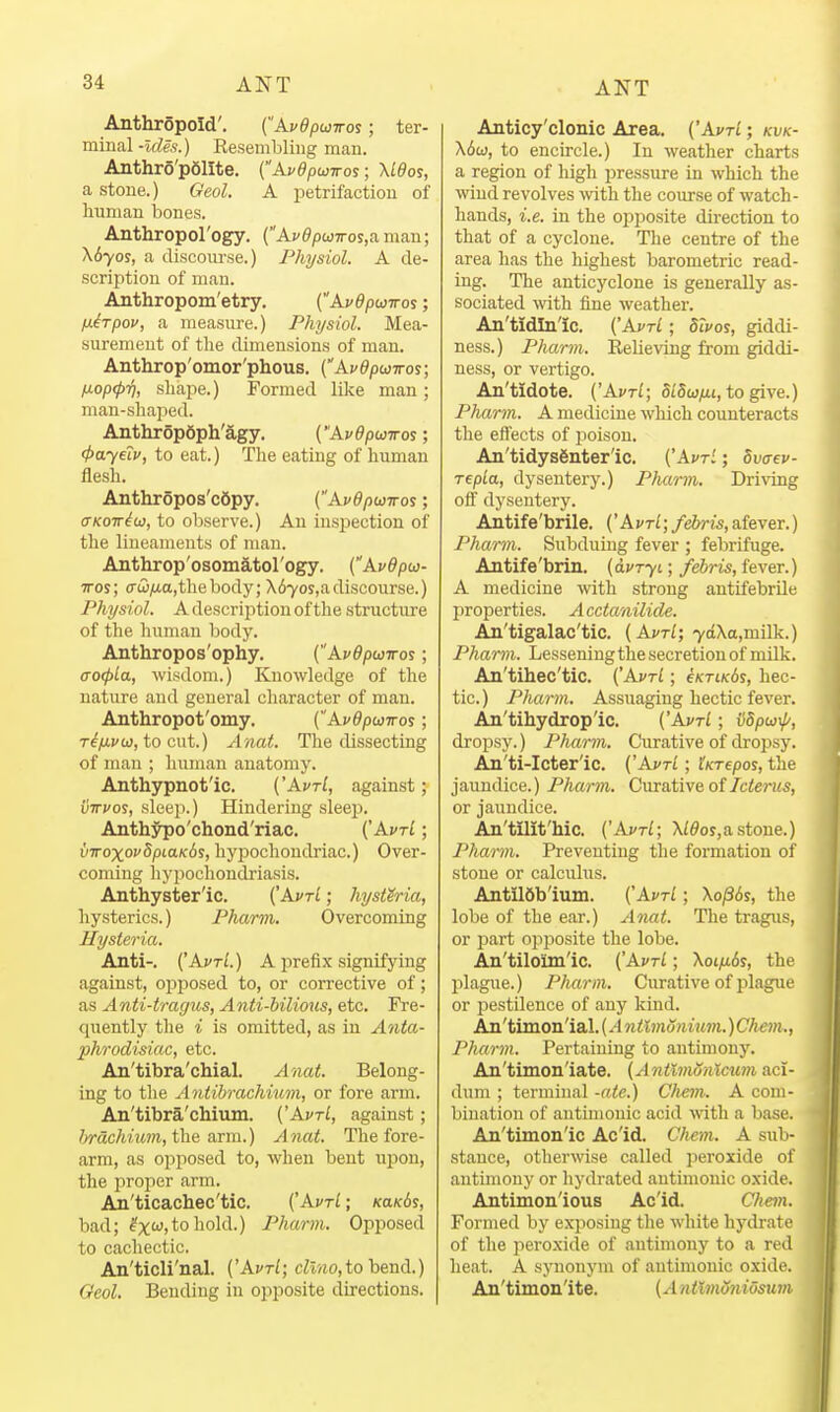 Anthropoid'. {Apepunros ; ter- minal-iffe.) Resembling man. Anthro'pSlIte. {Avepwiros; \l6os, a stone.) GeoL A petrifaction of human bones. Anthroporogy. {AvdpuTros,a.man; \6yos, a discourse.) Physiol. A de- scription of man. Anthropom'etry. (AvOpwiros; fj-irpov, a measure.) Physiol. Mea- surement of tlie dimensions of man. Anthrop'omor'phous. ('Avdpunros; /JLopcp'/j, sliape.) Formed like man; man-shaped. AnthropSph'agy. ('AvOpcoiros; (paydv, to eat.) Tlie eating of human flesh. Anthr5pos'c6py. (Avdptavos; (XKOTriu, to observe.) An inspection of the lineaments of man. Anthrop'osomatorogy. (AvOpoo- TTos; (rcDjU,a,thebody; X67os,adiscourse.) Physiol. A description of the structure of the human body. Anthropos'ophy. (AvOpuiro^; (TO(f)La, wisdom.) Knowledge of the nature and general character of man. Anthropot'omy. (Af^pwiros; T^/xfw, to cut.) Anat. The dissecting of man ; human anatomy. Anthypnot'ic. {'AvtI, against; vTTvo^, slee)).) Hindering sleeii. Anthypo'chond'riac. (AvtI ; vTroxoi>dpiaK6s, hypochondriac.) Over- coming jiypochondriasis. Anthyster'ic. ('ApH ; hysteria, hysterics.) Pharm. Overcoming Hysteria. Anti-. ('AvtL) a prefix signifying .against, opposed to, or corrective of; as Anti-tragus, Anti-bilious, etc. Fre- quently the i is omitted, as in A7tta- phrodisiac, etc. An'tibra'chial. Anat. Belong- ing to the Antibrachium, or fore arm. An'tibra'chium. ('AvtL, against; /;rac/t?;M?«, the arm.) Anat. The fore- arm, as opposed to, when bent upon, the iiroper arm. An'ticachec'tic. (AvrL; KaKbs, bad; ^xco,to hold.) Pharm. Opposed to cachectic. An'ticli'nal. ('AvtI; cfeio, to bend.) Geol. Bending in opposite directions. Anticy'clonic Area. ('AvH ; kvk- X6w, to encircle.) In weather charts a region of high pressure in which the wind revolves wth the course of watch- hands, i.e. in the opposite direction to that of a cyclone. The centre of the area has the highest barometric read- ing. The anticyclone is generally as- sociated wth fine weather. An'tidln'ic. i^AvH ; dtvos, giddi- ness.) Pharm. Relieving from giddi- ness, or vertigo. An'tidote. ('Avrl; SiSwyiii, to give.) Pharm. A medicine which counteracts the effects of jjoison. An'tidysfinter'ic. ('Ai/ri; ^vaev- TfpLa, dysentery.) Pharm. Dri\'ing off dysentery. Antife'brile. ('Avrl;/ebris, afever.) Pharm. Subduing fever ; febrifuge. Antife'brin. (dvryi; febris, fever.) A medicine with strong antifebrile properties. Acctanilide. An'tigalac'tic. (AvtI; 7aXa,milk.) Pharm. Lessening the secretion of milk. An'tihec'tic. (Avrl; eKTiKbs, hec- tic. ) Pharm. Assuaging hectic fever. An'tihydrop'ic. ('AvtL ; iiSpuxj/, dropsy.) Pharm. Curative of dropsy. An'ti-Icter'ic. ('AvH ; tKrepos, the jaundice.) Pharm. Curative of/c<er«s, or jaundice. An'tilit'hic. {^AvtI; XWo5,astone.) Pharm. Preventing the formation of stone or calculus. Antildb'ium. i^AvrL; Xo/36s, the lobe of the ear.) Anat. The tragus, or part opposite the lobe. An'tiloim'ic. (AvtL ; Xoiyu<5y, the plague.) Pharm. Curative of plagiu' or pestilence of any kmd. An'timon'ial. (-4 ntlmSnium.) Ch^m., Pharm. Pertaining to antimony. An'timon'iate. (AntlmSiilcuvi aci- dum ; terminal -ate.) Chem. A com- bination of antinionic acid with a base. An'timon'ic Ac'id. Chem. A sub- stance, otherwise called peroxide of antimony or hydrated antinionic oxide. Antimon'ious Ac'id. C?iem. Formed by exposing the white hydrate of the peroxide of antimony to a red heat. A synonym of antinionic oxide. An'timon'ite. {Anthndniosum