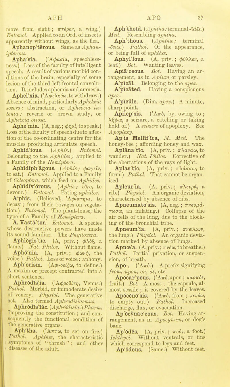 move from siglit; trripov, a wiug.) Entomol. Applied to an Ord. of insects apparently witlioiit wings, as the flea. Aplianop't6rous. Same as Aphan- ipterous. Apha'sia. ('A^acr/a, speechless- ness. ) Loss of the faculty of intelligent speech. A result of various morbid con- ditions of the brain, especially of some lesion of the thh-d left frontal convolu- tion. It includes aphemia and amnesia. Aphel'xia. (' A^eA/ci/w, to withdraw.) Absence of mind, particularly yljjAeto'a socors; abstraction, or Aphelxia in- tenta; reverie or brown study, or Aphelxia otiosa. Aphe'mia. ('A,neg.; ^ijiui, to speak.) Loss of thefaculty of speech due to affec- tion of the co-ordinating centre for the muscles producing articulate speech. Aphid'ious. (Aphis.) Entomol. Belonging to the Aphides ; applied to a Family of the Hemiptera. ApMdiph'agous. [Aphis; (payelv, to eat.) Entomol. Applied to a Family of Coleoptem, which feed on Aphides. ApMdiv'orous. (Aphis; v8ro, to devoiir.) Entomol. Eating aphides. A'phis. (Believed, 'AtpiaTTj/xi, to decay ; from their ravages on vegeta- tion.) Entomol. The plant-louse, the type of a Family of Hemiptera. A. Vasta'tor. Entomol. A species whose destructive powers have made its sound familiar. The Phylloxera. Aphlftgis'tic. (A, priv.; .^X6f, a flame.) Nat. Philos. Without flame. Apho'nia. (A, priv.; <pwvft, the voice.) Pathol. Loss of voice: aphony. Aph'orism. (A<p-opi^u, to define.) A maxim or precept contracted into a short sentence. Aphrfidls'ia. ('A<ppodlT7}, Venus.) Pathol. Morbid, or immoderate desire of venery. Physiol. The generative act. Also termed Aphrodisiasmus. Aplir6dls'lac. (AphrSdlsia.) Pharm. Improving the constitution ; and con- sequently the functional condition of the generative organs. Aph'tha. (Atttw, to set on fire.) Pathol. Aphtha;, the characteristic symptoms of thrush; and other I diseases of the adult. Aph'thold. (A2Jhiha; terminal-Ides.) Med. Resembling aphtha. Aph'thous. (Aphtha; terminal -osus.) Pathol. Of the appearance, or being full of a^ihthce. Aphyl'lous. (A, priv. ; (piiWov, a leaf.) Bot. Wanting leaves. Apia'ceous. Bot. Having an ar- rangement, as in Apium or parsley, A'pical. Belonging to the apex. A'picated. Having a conspicuous apex. A'piciile. (Dim. apex.) A minute, shares point. Apilep'sis. ('A7r6, by, owing to ; X^i/'ty, a seizure, a catcliing or taking hold of.) A seizure of a.Y'O'plexj. See Apoplexy. Ap'is Melllf'Ica, iV. Med. The honey-bee ; attbrdiug honey and wax. Aplana'tlc. (A, priv. ; TrXai'aw, to wander.) Nat. Philos. Corrective of the aberrations of the rays of light. Aplas'tic. (A, priv. ; irXaaaw, to form.) Pathol. That cannot be organ- ised. Apleur'ia. (A, priv. ; irXevpA, a rib.) Physiol. An organic deviation, characterised by absence of ribs. Apneumato'sis. (A, neg.; wvevfid- Tuaii, an inflating.) Collapse of the air cells of the hmg, due to the block- ing of the bronchial tube. Apneum'ia. (A, priv. ; Trveifiwv, the lung.) Physiol. An organic devia- tion marked by absence of lungs. Apnoe'a. (A, priv.; iry^o;, to breathe.) Pathol. Partial privation, or suspen- sion, of breath. Apo-. ('Awb.) A prefix signifying from, upon, on, at, etc. ApScar'pous. ('A7r6,upon; Kapirbs, fruit.) Bot. A moss ; the capsule, al- most sessile ; is covered by the leaves. ApScSno'sis. ('Aw6, from ; Kevboi, to empty out.) Pathol. Increased discharge, flux, or evaciiation. Ap'Scj^ac'eous. Bot. Having ar- rangement, as in Apocynum, or clog's bane. Ap'fidSs. (A, priv. ; iroi's, a foot.) Ichthyol. Without ventrals, or fins whicli correspond to legs and feet. Ap'Sdous. (Same.) Without feet.