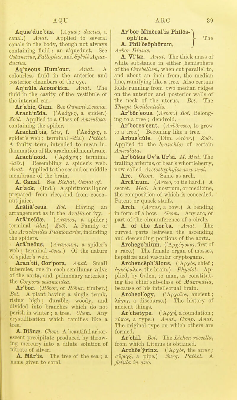 Aquae'duc'tus. (Aqua; ductus, a canal.) Anat. Applied to several canals in the body, though not always containing fluid : an a'queduct. See Cotunnius, Fallopius, and Si/lvii A quce- ducUis. Aq'ueous Hum'our. Anat. A colourless fluid in the anterior and posterior chambers of the eye. Aq'uiila Acous'tica. Anat. Tlie fluid in the cavity of the vestibule of the internal ear. Ar'abic, Gum. Gummi Acacice. Arach'nlda. ('Apdxvv, a spider.) Zool. Apj)lied to a Class of Anmdosa, containing the spider. Araclml'tis, Kdis, f. ('Apdxvr], a spider's web ; terminal -Uis.) Pathol. A faulty term, intended to mean in- flammation of the arachnoid membrane. Arach'noid. ('Apdxvv; terminal -ides.) Resembling a spider's web. A nat. Applied to the second or middle membrane of the brain. A. Canal. See Bichat, Canal of. Ar'ack. (Ind.) A spirituous liquor prepared from rice, and from cocoa- nut juice. Aralia'ceus. Bot. Having an an'angement as in the Aralia or ivy. Ara'neidse. [Ar&nea, a spider; terminal -idee.) Zoijl. A Family of the Arachnides Pidmonarice, including the spiders. Ara'nedus. (Araneum, a spider's web ; terminal -osus.) Of the nature of spider's web. Aran'tii, Cor'pora. Anat. Small tubercles, one in each semilunar valve of the aorta, and pulmonary arteries ; the Corpora sesamoidea. Ar'bor. {liobor, or liobur, timber.) Bot. A plant having a single trunk, rising high; durable, woody, and divided into branches which do not perish in winter ; a tree. Chem. Any crystallLsation which ramifies like a tree. A. Dianas. Chem. A beautiful arbor- escent precipitate produced by throw- ing mercury into a dilute solution of nitrate of silver. A. M5,r'is. The tree of the sea ; a name given to coral. Ar'bor Mlngral'ls Philds- oph'ica. 1- The A. Phil'6s6ph6runi. J Arbor Diance. A. Vl'tse. Anat. The thick mass of white substance in either hemisphere of the Cerebellum, when cut parallel to, and abo\it an inch from, the median line, ramifying like a tree. Also certain folds running from two median ridges on the anterior and posterior walls of the neck of the iiterus. Bot. The Thuya Occidentalis. Ar'bdr'eous. (Arbor.) Bot. Belong- ing to a tree ; dendroid. Ar'bores'cent. (ArbSresco, to grow to a tree.) Becoming lilie a tree. Arbus'ciile. (Dim. Arbor.) Zool. Applied to the hranchice of certain Anmdata. Ar'biitus Uv'a Ur'si. M. Med. The trailing arbutus, or bear's whortleberry, now called Arctostaphylos uva ursi. Arc. Oeotn. Same as arch. Arca'num. (^rceo, to tie hard.) A secret. Med. A nostrum, or medicine, the composition of which is concealed. Patent or quack stuSs. Arch. (Arcus, a bow.) A bending in form of a bow. Geom. Any arc, or part of the circimiference of a circle. A. of the Aor'ta. Anat. The curved parts between the ascending and descending portions of the aorta. Archego'nium. ('Apx^yovos, first of a race.) The female organ of mosses, hepaticse and vascular cryptogams. Archenc6ph'alous. ('Apx^s, chief; eY/c^c/iaXoi', the brain.) Physiol. Ap- plied, by Galen, to man, as constitiit- ing the chief sub-class of Mammalia, because of his intellectual brain. Archeol'ogy. ('Apxatos, ancient; \byo%, a discourse.) The history of ancient things. Ar'chetype. ('Apxv, a foundation; TVTTos, a type.) Anat., Com}}. Anat. The original type on which others are formed. Ar'chil. Bnt. The Lichen roccella, from which Litmiis is obtained. Arch6s'yrinx. ('Apx^s, the anus ; avpiy^, a pipe.) Surg. Pathol. A fistula in ana.