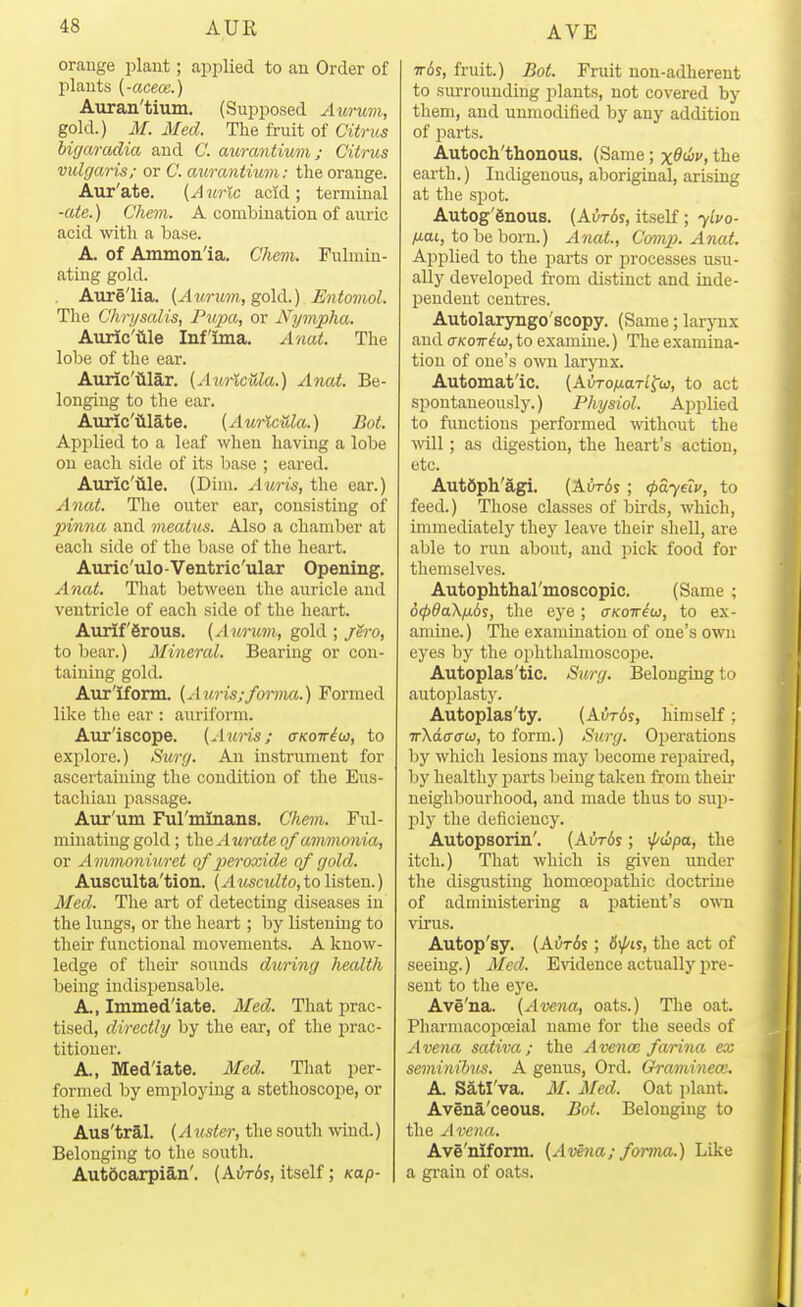 orange plant; applied to an Order of plants i-acece.) Auran'tium. (Supposed Aurum, gold.) AL Med. The fruit of Citms Mgaradia and C. aurantiuvi; Citi-us vulgaris; or C. aurantiuvi: the orange. Aur'ate. [Auric acid; terminal -ate.) Chem. A combination of auric acid with a base. A. of Ammon'ia. Chem. Fulmin- ating gold. . Aure'lia. [Aurum, golA.) Entomol. The Chrysalis, Pupa, or Nympha. Auric'iile Inf'ima. Anat. The lobe of the ear. Auric'tilar. [Auricula.) Anat. Be- longing to the ear. Aurlc'iilate. [Auricula.) Bot. Applied to a leaf when having a lobe ou each side of its base ; eared. Aixric'iile, (Dim. Auris, the ear.) Anat. The outer ear, consisting of p)inna and meatus. Also a chamber at each side of the base of the heart. Auric'ulo-Ventric'ular Opening. Anat. That between the aTiricle and ventricle of each side of the heart. Auriferous. [Aurimi, gold ; jh-o, to l)ear.) Mineral. Bearing or con- taining gold. Auriform. [Auris;forma.) Formed like the ear : auriform. Aur'iscope. [Auris; (XKowidi, to explore.) Surg. An instrument for ascertaining the condition of the Eus- tachian passage. Aur'um Ful'minans. Chem. Ful- minating gold; th^Aurate of ammonia, or Ammoniuret of peroxide of gold. Ausculta'tion. (A uscidto, to listen.) Med. The art of detecting diseases in the lungs, or the heart; by listening to their functional movements. A know- ledge of their sounds d^iring health being indispensable. A., Immediate. Med. That jirac- tised, directly by the ear, of the prac- titioner. A., Mediate. Med. That per- formed by employing a stethoscope, or the like. Aus'tral. (A uster, the south wind.) Belonging to the south. Aut6carpian'. (AyT6s, itself; Kap- ir6j, fruit.) Bot. Fruit non-adherent to surrounding plants, not covered by them, and unmodified by any addition of iDarts. Autoch'thonous. (Same; x^f^, the earth.) Indigenous, aboriginal, arising at the spot. Autog'gnous. [Avt6s, itself; yivo- ^ai, to be born.) Anat., Comp. Anat. Applied to the parts or processes usu- ally developed from distinct and inde- pendent centres. Autolarjmgo'scopy. (Same; larj-nx and ffKoiriu, to examine.) The examina- tion of one's o\vii larynx. Automatic. [AvTo/jLarl^u, to act spontaneously.) Physiol. Applied to functions performed without the vnW ; as digestion, the heart's action, etc. AutSph'agi. (Aut6s ; (pdyeiv, to feed.) Tliose classes of birds, which, immediately they leave their shell, are able to run about, and pick food for tliemselves. Autophthal'moscopic. (Same ; 6(pda\fxbs, the eye ; cxKoiriu, to ex- amine. ) The examination of one's own eyes by the ophthalmoscope. Autoplas'tic. Surg. Belonging to autoi^lasty. Autoplas'ty. (Ai5t6s, himself; irkaaau}, to form.) Surg. Oi^erations by which lesions may become repaired, by healthy jjarts lieing taken from their neighbourhood, and made thus to sup- ply the deficiency. Autopsorin'. [kvrbs; ypthpa, the itch.) That which is given under the disgusting homosopathic doctrine of administering a patient's own virus. Autop'sy. (Ai)t6j ; 6^i,s, the act of seeing.) Med. Evidence actually pre- sent to the eye. Ave'na. [Avena, oats.) The oat. Pharniacopoeial name for the seeds of Avena sativa; the Avenae farina ex seminihus. A genus, Ord. Oraminew. A. Satl'va. M. Med. Oat plant. Avena'ceous. Bot. Belonging to the Avena. Ave'niform. [Avena; forma.) Like a gi'ain of oats.