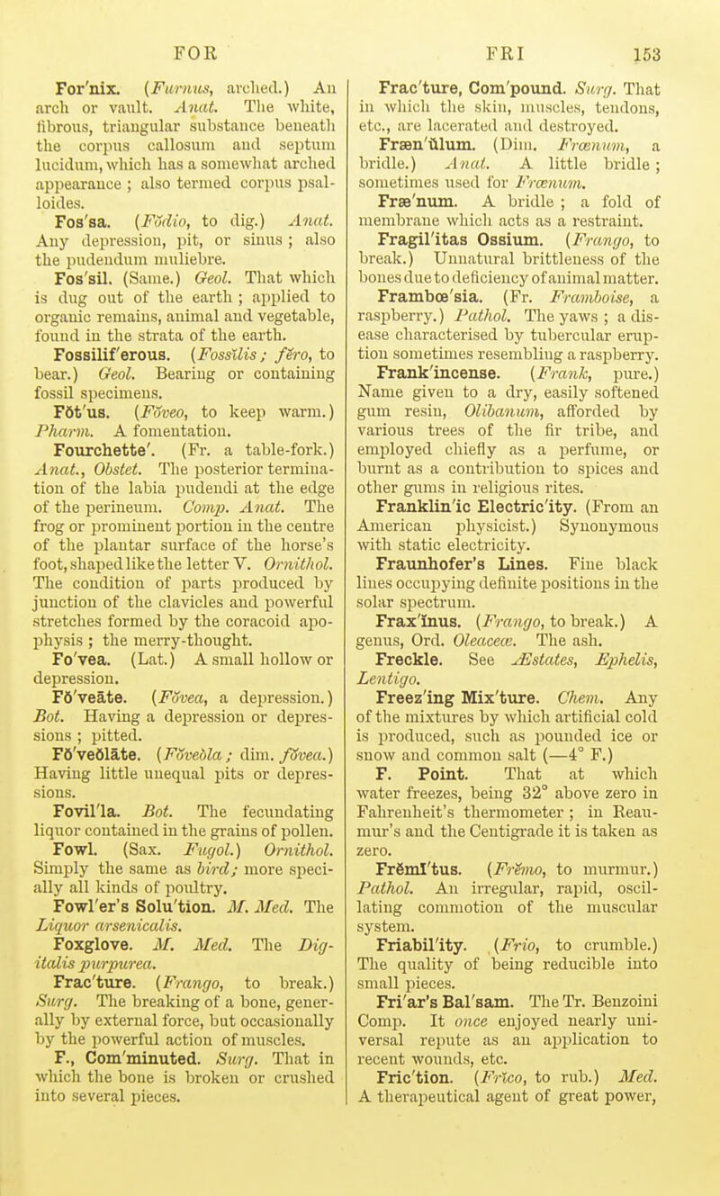 For'nix. (Fitrmts, avclied.) An arch or vault. Anat. Tlie white, fibrous, triangular substance beneath the corpus callosuni and septum lucidum, which has a somewhat arched appearance ; also termed corpus psal- loides. Fos'sa. (FSdio, to dig.) Anat. Any depression, pit, or sinus ; also the pudendum niuliebre. Fos'sil. (Same.) Geol. That which is dug out of the earth ; applied to organic remains, animal and vegetable, found in the strata of the earth. Fossilif'erous. (FossUis ; fSro, to bear.) Geol. Bearing or containing fossil specimens. F6t'us. (Foveo, to keep warm.) Pharm. A fomentation. Fourchette'. (Fr. a table-fork.) Anat., Obstet. The posterior termina- tion of the labia pudeudi at the edge of the perineum. Comi}. Anat. The frog or prominent portion in the centre of the plantar surface of the horse's foot, shaped like the letter V. Ornithol. The condition of parts produced by junction of the clavicles and jiowerful stretches formed by the coracoid apo- physis ; the merry-thought. Fo'vea. (Lat.) A small hollow or depression. F6'veate. [Fovea, a depression.) Bot. Having a depression or depres- sions ; pitted. F6've61ate. [FSvebla ; Aim. fSvea.) Having little unequal pits or depres- sions. Foviria. Bot. The fecundating liquor contained in the grains of pollen. Fowl. (Sax. Fugol.) Ornithol. Simply the same as bird; more speci- ally all kinds of poultry. Fowl'er's Solu'tion. M. Med. The Liquor arsenicalis. Foxglove. M. Med. The Dig- italis purpicrea. Frac'ture. {Frango, to break.) Surg. The breaking of a bone, gener- ally by external force, but occasionally by the powerful action of muscles. F., Corn'minuted. Surg. That in which tlie bone is broken or crushed into several pieces. Frac'ture, Com'pound. Surg. That in wliich the skin, muscles, tendons, etc., are lacerated and destroyed. Frsen'iiluiii. (Dim. Fraimvm, a bridle.) Anat. A little bridle; sometimes used for Frcenuni. Frse'num. A bridle ; a fold of membrane which acts as a restraint. Fragil'itas Ossium. (Frango, to break.) Uunatiiral brittleuess of the bones due to deficiency of auimal matter. Framboe'sia. (Fr. Framboise, a rasjjberry.) Fathol. The yaws ; a dis- ease characterised by tubercular eruiJ- tion sometimes resembling a raspberry. Frank'incense. [Frank, pure.) Name given to a dry, easily softened gum resin, Olibanum, afforded by various trees of the fir tribe, and employed chiefly as a perfume, or burnt as a contribution to spices and other gums in religious rites. Franklin'ic Electricity. (From an American physicist.) Synonymous with static electricity. Fraunhofer's Lines. Fine black lines occupying definite positions in the solar spectrum. Frax'inus. (7^ra)i(/o, to break.) A genus, Ord. Oleacecti. The ash. Freckle. See Estates, Ephelis, Lentigo. Freezing Mix'ture. Chem. Any of the mixtures by which artificial cold is i^roduced, such as pounded ice or snow and common salt (—4° F.) F. Point. That at which water freezes, being 32° above zero in Fahrenheit's thermometer ; in Reau- mur's and the Centigrade it is taken as zero. Frfiml'tus. [Frhm, to murmur.) Pathol. An irregular, rapid, oscil- lating commotion of the muscular system. Friability. [Frio, to crumble.) The quality of being reducible into small pieces. Fri'ar's Bal'sam. The Tr. Benzoini Comp. It once enjoyed nearly iiui- versal repute as an application to recent wounds, etc. Fric'tion. [Frlco, to rub.) Med. A therapeutical agent of great power,
