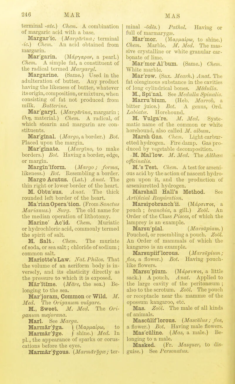 terminal -ate.) Chem. A combiuation of margaric acid with a base. Margar'ic. [MargWrlna; terminal •ic.) Chein. An auid obtained from margarin. Mar'garin. {Kipyapov, a pearl.) Cheni. A siini)le fat, a coustituent of the radical termed Margaryl. Margarine. (Same.) Used in the adulteration of butter. Any product liavlug the likeness of butter, whatever its origin, composition, or mixture, wlien consisting of fat not produced from milk. Butterine. Mar'garyl. (MargHrlna, margarin ; v\-q, material.) Chem. A radical, of which stearin and margarin are con- stituents. Mar'ginal. (il/arg'o, a border.) Bot. Placed upon the margin. Mar'ginate. (Marglno, to make borders.) Bot. Having a border, edge, or margin. Mar^ui'iform. {Margo ; forma, likeness.) Bot. Resembling a border. Margo Acutus. (Lat.) Anat. The thin right or lower border of the heart. M. Obtu'sus. Anat. The thick rounded left border of the heart. Ma'rianOpera'tion. (From Sanctus Marianus.) Surg. The old name for the median operation of lithotomy. Marine' Ac'id. Chem. Mirriatic or hydrochloric acid, commonly termed the spu-it of salt. M. Salt. Chem. The muriate of soda, or sea salt; chloride of sodium; common salt. Mariotte'sLaw. Nat.Philos. That the volume of an aeriform body is in- versely, and its elasticity directly as the pressure to which it is exjiosed. M5,r'itmie. (Mdre, the sea.) Be- longing to the sea. Mar'j Oram, Common or Wild. M. Med. The Origanum vulgare. M., Sweet. M. Med. The Ori- ganum, majorana. Marl. See Marga. Marmar'J'ga. \ (Mapfiaipu), to Marmar'^ge. f shine.) Med. In pi., the appearance of sparks or corus- cations before the eyes. Marmar';fgous. (Mamidrpgm; ter- minal -Odes.) Pathol, Having or full of marmaryga;. Mar'mor. (MapfiaLpw, to shine.) Chem. Marble. M. Med. The mas- sive crystalline or white granular car- bpuate of lime. Mar'morAl'bum. (Same.) Chem. Wliite marble. Mar'row. (Sax. Mearh.) Anat. The fat oleaginous substance in the cavities of long cylindrical bones. Medulla. M., Spi'nal. See Medulla Spinalis. Marru'bium. (Helx Marrob, a bitter juice.) Bot. A genus, Ord. Labiatce. Horehound. M. Vulga're. M. Med. Syste- matic name of the common or white horehound, also called M. alburn. Marsh Gas. Chem. Light carljur- etted hydrogen. Firedamp. Gas pro- duced by vegetable decomposition. M. Mal'low. M.Med. The Althaea officinalis. M.'sTest. Che7n. Atestfor arseni- ous acid by the action of nascent hydro- gen upon it, and the production of arseniuretted hydrogen. Marshall Hall's Method. See A rti/icial Res2nration, Marsipobranch'ii. (Mdpo-iTros, a pouch ; biunchia, a gill.) Zool. An Order of the Class Pisces, of which the lamprey is an example. Marsu'pial. {Marsilpiuvi.) Pouched, or resembling a pouch. Zool. An Order of mammals of which the kangaroo is an example. Marsupiif'lorous. (MarsUpijim ; flos, a flower.) Bot. Having pouch- like flowers. Marsu'pium. (Mdpavwos, a little sack.) A pouch. Anat. Apj^lied to the large cavity of the peritonaeum ; also to the scrotum. Zool. The pouch or receptacle near the mammfe of the opossum kangaroo, etc. Mas. Zoijl. The male of all kinds of animals. Masciilif'lorous. {Masculus ; Jios, a flower.) Bot. Having male flowers. Mas'cilline. [Mas, a male.) Be- longing to a male. Masked. (Fr. Masquer, to dis- guise. ) See Personatus.