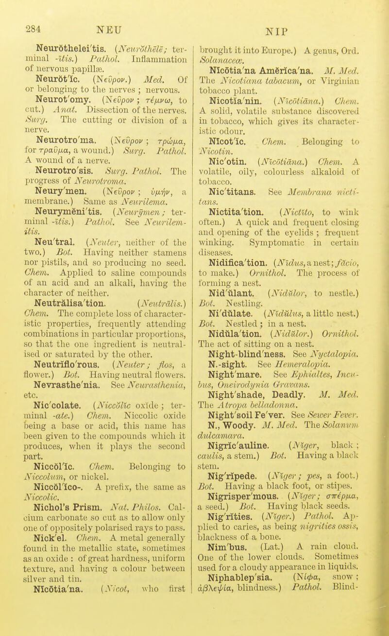 Neur6thelei'tis. (NeurothSlS; tei- iiiiual -Uis.) I'alhol. Inflammation of nervous papillio. NeurSt'ic. {i^evpov.) Med. Of or belonging to tlie nerves ; nervous. Neurot'omy. (NeCpo;/; Tifivu, to cut.) Anat. Dissection of tlie nerves. Hury. The cutting or division of a nerve. Neurotro'ma. (NeOpof ; rpdifia, for T/DaOyaa, a wound.) Surff. Pathol. A wound of a nerve. Neurotro'sis. Surg. Pathol. Tlie progress of Nevrotroviu. Neury'men. (NeOpoy ; vfi-qv, a membrane.) Same as iVeiirilema. Neurymgni'tis, (Neurpmen; ter- minal -liis.) Pathol. See Neurilem- itis. Neu'tral. [Neuter, neither of the two.) Bot. Having neither stamens nor pistils, and so producing no seed. Chem. Ai^plied to saline compounds of an acid and an alkali, having tlie character of neither. Neutralisa'tion. (Neutralis.) Cliem. The complete loss of character- istic properties, frequently attending combinations in ])articular proportions, so that the one ingredient is neutral- ised or saturatetl by the other. Neutriflo'rous. (Neuter; flos, a flower.) lint. Having neutral liowers. Nevrasthe'nia. See Neurasthenia, etc. Nic'colate. (Niccdlic oxide ; ter- minal -ate.) Chem. Niccolic oxide ))eing a base or acid, this name has been given to tlie comiiouuds which it produces, when it plays the second part. Niccol'ic. C'/ietn. Belonging to Niccolmn, or nickel. NiccSl'ico-. A prefix, the same as Niccolic. Nichol's Prism. Nat. Philos. Cal- cium carbonate so cut as to allow only one of op])ositely polarised rays to pass. Nick'el. Chem. A metal generally found in the metallic state, sometimes as an oxide : of great hardness, uniform texture, and having a colour between silver and tin. NIc5tia'na. (Nicot, ^\ho first brought it into Europe.) A genus, Ord. Solanacew. NIcotia'na America'na. M. Med. The Nicotiana tabacum, or Virginian tobacco plant. Nicotia'nin. {Nicotiana.) Chem. A solid, volatile substance discovered in tobacco, which gives its character- istic odour. Nicotic. Chem. Belonging to Nicotin. Nic'otin. (Nicotiana.) Chem. A volatile, oily, colourless alkaloid of tobacco. Nic'titans. See Memhrana nidi- tans. Nictita'tion. (Nictlto, to wink often.) A quick and frequent closing and opening of the eyelids ; frequent winking. Symptomatic in certain diseases. Nidifica'tion. (Nidus, a nest; fCtcio, to make.) OrnithoL The pi-ocess of forming a nest. Nid'tilant. (NidUlor, to nestle.) JJot. Nestling. Ni'dtUate. (Nidulus, a little nest.) Bot. Nestled ; in a nest. Nidiila'tion. (Nidulor.) OrnithoL The act of sitting on a ne.st. Night-blind'ness. See Nyctalopia. N.-sight. See Hemeralopia. Night'mare. See Ephialtes, Incu- bus, Oneirodynia Oravans. Night'shade, Deadly. M. Med. The Atropa helladonna. Night'soil Fe'ver. See Sewer Fever. N., Woody. M.Med. The Solanvm didcamara. Nigric'auline. (Niger, blacli ; caulis, a stem.) Bot. Having a lilaclc stem. Nig'ripede. (Niger; pes, a foot.) Bot. Having a black foot, or sti]ies. Nigrisper'mous. (Niger; airipiJLa, a seed.) Bot. Having black seeds. Nig'rities. (Niger.) Pathol. Ajv plied to caries, as being nignties ossis, blackness of a bone. Nim'bus. (Lat.) A rain cloud. One of the lower clouds. Sometimes used for a cloudy appearance in liquids. Niphablep'sia. (Ni^a, snow: d/3/\ei/'/a, blindness.) Pathol. Blind-
