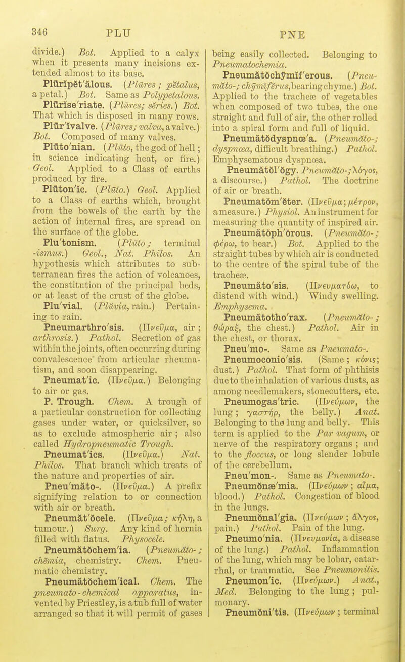 divide.) Bot. Applied to a calyx when it presents many incisions ex- tended almost to its base. P111rip6t'a,lous. (Plures ; pUalm, a petal.) Bot. Sa.me as Polypetalotis. PlGiise'riate. [Plures; series.) Bot. That which is disposed in many rows. PlUr'xvalve. (Phlres; mZw(,avalve.) Bot. Composed of many valves. Pmto'nian. (P^ftto, thegodof hell; in science indicating heat, or fire.) Geol. Applied to a Class of earths produced by fire. Pmton'ic. {PMo.) Geol. Applied to a Class of earths which, brought from the bowels of the earth by the action of internal fires, are spread on the surface of the globe. Plu'tonism. (Plrdo; terminal -ismiLs.) Geol., Nat. Philos. An hypothesis which attributes to sub- terranean fires the action of volcanoes, the constitution of the principal beds, or at least of the crust of the globe. Plu'vial. (Pluvia, rain.) Pertain- ing to rain. Pneumarthro'sis. (UyeOfxa, air ; arthrosis.) Pathol. Secretion of gas within the joints, often occurring during convalescence' from articular rheuma- tism, and soon disapjiearing. Pneumatic. (UveO/ia.) Belonging to air or gas. P. Trough. Chejn. A trough of a 2)articular construction for collecting gases under water, or quicksilver, so as to exclude atmospheric air ; also called Ilydropneumatic Trough. Pneumat'ics. (nyeO/^a.) Nat. Philos. That branch which treats of the nature and properties of air. Pneu'mato-. [Hvevna.) A prefix signifying relation to or connection with air or breath. Pneumat'Scele. {livedjxa; K-})\-q, a tumour.) Surg. Any kind of hernia filled with flatus. Physocele. Pneumatdchem'ia. (PnewnMo-; chemia, chemistry. Chem. Pneu- matic chemistry. Pneumatftchem'ical. Chem. The pneu7nato - chemical apparatus, in- vented by Priestley, is a tub full of water arranged so that it will permit of gases being easily collected. Belonging to Pneumatochemia. Pneumat6chymif'erous. (Pneu- vitLto-; cAymt/(?rfs,bearingchyme.) Bot. Applied to the tracheae of vegetables when composed of two tubes, the one straight and full of air, the other rolled into a spiral form and full of liquid. Pneumat6dyspnce'a. (Prveum^to-; dyspnoea, difficult breathing.) Pathol. Emphysematous dyspncea. PneumatSl'figy. Pneumdto-,-Xdyos, a discourse.) Pathol. The doctrine of air or breath. Pneumatdm'gter. {JlvevfiaifUrpov, a measure.) Physiol. An instrument for measuring the quantity of inspired air. Piieumat6p]i'6rous. {PneumMo-; 0epw, to bear.) Bot. Applied to the straight tubes by which air is conducted to the centre of the spiral tube of the tracheas. Pneumato'sis. {n.vevixaT()U), to distend with wind.) Windy swelling. Emphysema. Pneumatotho'rax. (Pneum&to-; ddipa^, the chest.) Pathol. Air in the chest, or thorax. Pneu'mo-. Same as Pneumato-. Pneumoconio'sis. (Same; kovls; dust.) Pathol. Tliat form of phthisis due to the inhalation of various dusts, as among needlemakers, stonecutters, etc. Pneumogas'tric. {Tive'ufiu)v, the lung; yaa-T-qp, the belly.) Anat. Belonging to the lung and belly. This term is applied to the Par vagum, or nerve of the respiratory organs ; and to the floccus, or long slender lobule of tlu! cerebellum. Pneu'mon-. Same as Pneu'mato-. PneumOnae'mia. (Ilveviiwv; ailna, lilood.) Pathol. Congestion of blood in tlie lungs. PneumOnal'gia. (Jlveintav; &\yos, pain.) Pathol. Pain of the lung. Pneumo'nia. {TLvevixovla, a disease of the lung.) Pathol. Inflammation of the lung, which may be lobar, catar- rhal, or traumatic. See PneuTrwnitis. Pneumon'ic. [Ylvevnoov.) Anat., Med. Belonging to the lung; pul- monary. Pneumfini'tis. {Ylvevixwv; terminal