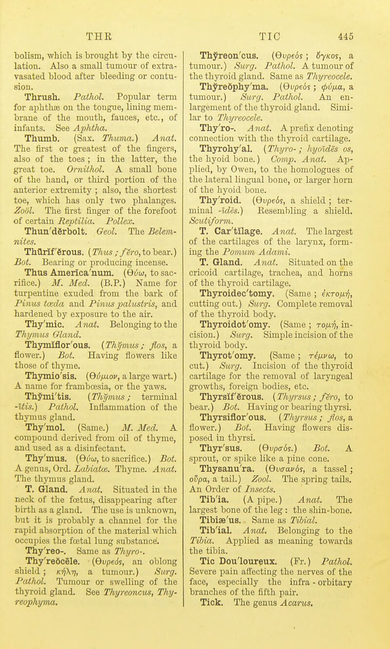 bolism, whicli is brought by the circu- lation. Also a small tumour of extra- vasated blood after bleeding or contu- sion. Thrush. Pathol. Popular term for ai^hthte on the tougue, lining mem- brane of the mouth, fauces, etc., of infants. See Aphtha. Thumb. (Sax. Th.uma.) Anat. The first or greatest of the fingers, also of the toes ; in the latter, the great toe. Ornithol. A small bone of the hand, or third portion of the anterior extremity ; also, the shortest toe, which has only two phalanges. Zoiil. The first finger of the forefoot of certain Reptilia. Pollex. Thun'dgrbolt. Geol. The Belem- nites. Tharif'grous. (2%Ms;/gro,tobear.) Bot. Bearing or producing incense. Thus America'num. (Givw, to sac- rifice.) M. Med. (B.P.) Name for turpentine exuded from the bark of Pinus tceda and Pimcs palustris, and hardened by exposure to the air. Thy'mic. A7iat. Belonging to the Thymus Gland. Thymiflor'ous. {Thymus; flos, a flower.) Bot. Having flowers like those of thyme. Th3niiio'sis. {Q-uixwv, a large wart.) A name for framboesia, or the yaws. Thjhni'tis. {Thymus; terminal -itis.) Pathol. Inflammation of the thymus gland. Thy'mol. (Same.) M. Med. A compound derived from oil of thyme, and used as a disinfectant. Thy'mus. (Gi^w, to sacrifice.) Bot. A genus, Ord. Labiatce. Thyme. Anat. The thymus gland. T. Gland. Anat, Situated in the neck of the foetus, disappearing after birth as a gland. The use is unknown, but it is probably a channel for the rapid absorption of the material which occupies the fcetal lung substance. Thy'reo-. Same as Thyro-. Thy'redcele. {Qvpeds, an oblong shield ; K-f}\% a tumour.) Surg, Pathol. Tumour or swelling of the thyroid gland. See Thyreoncus, Thy- reophyma. Thj^reon'cus. (Gupeis; 6-yKos, a tumour.) Surg, Pathol, A tumour of the thyroid gland. Same as Thyreocele, Th^redphy'ma. {Qvpeds; (pifia, a tumour.) Surg. Pathol. An en- largement of the thyroid gland. Simi- lar to Thyreocele. Thy'ro-. Anat, A prefix denoting connection with the thyroid cartilage. Thyrohy'al. {Thyro-; hyoides os, the hyoid bone.) Comp. Anat, Ajd- plied, by Owen, to the homologues of the lateral lingual bone, or larger horn of the hyoid bone. Thy'roid. (Gupe6s, a shield ; ter- minal -Ides,) Eesembling a shield, SciUiform. T. Car'tilage. Anat. The largest of the cartilages of the larynx, form- ing the Pomum Adami. T. Gland. Anat, Situated on the cricoid cartilage, trachea, and horns of the thyroid cartilage. Thyroidec'tomy. (Same ; iKroix-q, cutting out.) Surg. Complete removal of the thyroid body. Thyroidot'omy. (Same ; to^i;, in- cision. ) Surg, Simple incision of the thyroid body. Thyrot'omy. (Same; t4/jlvo}, to cut.) Surg, Incision of the thyroid cartilage for the removal of laryngeal gro^vths, foreign bodies, etc. Thyrsif Srous. (Thyrsus ; fero, to bear.) Bot, Having or bearing thjnrsi. Thyrsifior'ous. (Thyrsus ; flos, a flower.) Bot, Having flowers dis- posed in thyrsi. Thyr'sus. {Qvpabs.) Bot, A sprout, or siJike Uke a pine cone. Thysanu'ra. {Qv^avb^, a tassel ; odpa, a tail.) Zool, The spring tails. An Order of Insects, Tib'ia. (A pipe.) Anat, The largest bone of the leg : the shin-bone. Tibise'us. Same as Tibial, Tib'ial. Anat. Belonging to the Tibia. Applied as meaning towards the tibia. Tic Dou'loureux. (Fr.) Pathol. Severe pain afi'ecting the nerves of the face, especially the infra - orbitary branches of the fifth pair. Tick. The genus Acarm.