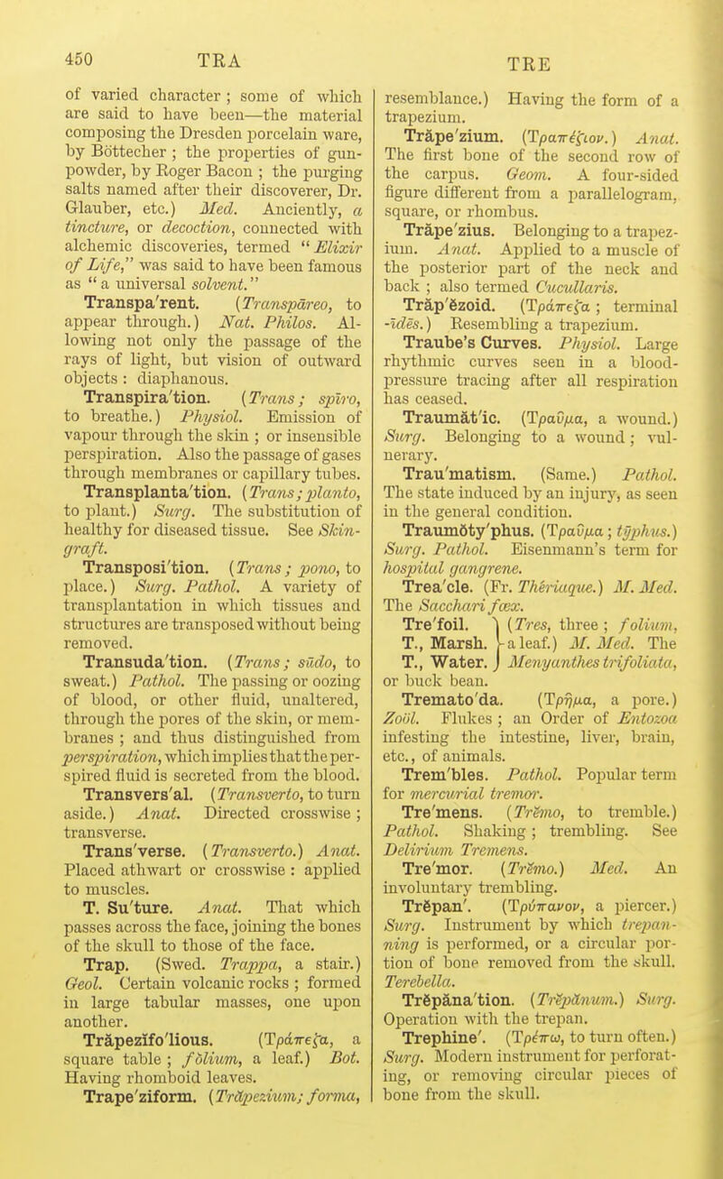 TRE of varied character ; some of wliicli are said to have been—the material composing the Dresden porcelain ware, by Bottecher ; the properties of gun- powder, by Koger Bacon ; the piu'ging salts named after their discoverer, Dr. Glauber, etc.) Med. Anciently, a tincture, or decoction, connected with alchemic discoveries, termed Elixir of Life, was said to have been famous as a universal solvent. Transpa'rent. [Transpareo, to appear tlirough.) Nat. Philos. Al- lowing not only the passage of the rays of light, but vision of outward objects : diaphanous. Transpira'tion. (Trans; splro, to breathe.) Physiol. Emission of vapour through the skin ; or insensible perspiration. Also the passage of gases through membranes or capillary tubes. Transplanta'tion. (Trcms ; 2>lanto, to plant.) Surg. The substitution of healthy for diseased tissue. See Skin- graft. Transposi'tion. (Trans ; 2^110, to jilace.) Surg. Pathol. A variety of transplantation in which tissues and structures are transposed without being removed. Transuda'tion. [Trans; siido, to sweat.) Pathol. The passing or oozing of blood, or other fluid, unaltered, through the jiores of the skin, or mem- branes ; and thus distinguished from perspiration, which implies that the per- spired fluid is secreted from the blood. Transvers'al. {Transverto, to turn aside.) Anat. Directed crosswise ; transverse. Trans'verse. (Transverto.) Anat. Placed athwart or crosswise : applied to muscles. T. Su'ture. A7iat. That which passes across the face, joining the bones of the skull to those of the face. Trap. (Swed. Trappa, a stair.) Geol. Certain volcanic rocks ; formed in large tabular masses, one upon another. Trapezifo'lious. (TpdTrefa, a square table ; folium, a leaf.) Bot. Having rhomboid leaves. Trape'ziform. (Trapezium; fornui, resemblance.) Having the form of a trapezium. Trape'zium. (TpaTr^^iou.) Anat. The first bone of the second row ol the carpus. Geom. A four-sided figure different from a parallelogram, square, or rhombus. Trape'zius. Belonging to a trapez- ium. Anat. Applied to a muscle of the posterior part of the neck and back ; also termed Cucullaris. Trap'gzoid. (Tpairefa; terminal -Ides.) Resembling a trapezium. Traube's Curves. Physiol. Large rhjiihmic curves seen in a blood- pressure tracing after all respiration has ceased. Traumat'ic. (Tpavixa, a wound.) Surg. Belonging to a wound ; vul- nerary. Trau'matism. (Same.) Pathol. The state induced by an injury, as seen in the general condition. Traumflty'phus. (TpaO/xa; ti/jihus.) Surg. Pathol. Eisenmann's term for hospital gajigrene. Trea'cle. (Vi: Thh-iuque.) M.Med. The SaccJmri fmo:. Tre'foil. (Tres, three ; folium. T., Marsh. V a leaf.) M.Med. The T., Water. J Menyantlies trifoliata, or buck bean. Tremato'da. (Tprnxa, a pore.) Zoijl. Flukes ; an Order of Entozoa infesting the intestine, liver, brain, etc., of animals. Trem'bles. Pathol. Popular term for mercurial tremm: Tre'mens. (TrSom, to tremble.) Pathol. Shaking; trembling. See Delirium Tremens. Tre'mor. (TrSmo.) Med. An involuntary trembling. TrSpan'. (Tpviravov, a i^iercer.) Su7-g. Instrument by which trepan- ning is performed, or a circular jior- tion of bone removed from the skull. Terebella. Trgpana'tion. (Tr^xMnum.) Surg. Operation with the trepan. Trephine'. (Tp^Trw, to turn often.) Surg. Modern instrument for perforat- ing, or removing circular pieces of bone from the skull.