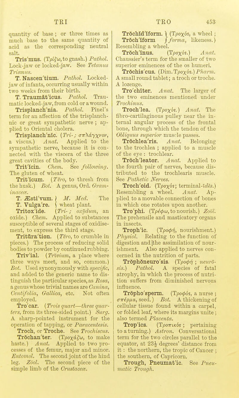 quantity of base ; or three times as much base to the same quantity of acid as the corresponding neutral salt. Tris'mus. (Tpifw,to gnash.) Pathol. Lock-jaw or locked-jaw. See Tetanus Trismus. T. Nascen'tium. Pathol. Locked- jaw of infants, occurring usually within two weeks from their birth. T. Tranmat'icus. Pathol. Trau- matic locked-jaw, from cold or a wound. Trisplanch'nia. Pathol. Pinel's term for an ati'ectiou of the trisplanch- nic or great sympathetic nerve ; ap- plied to Oriental cholera. Trisplancli'mc. (Tri-; aTrXdyxvov, a viscus.) Anat. Applied to the sympathetic nerve, because it is con- nected with the viscera of the three great cavities of the body. Trit'icin. Chem. See following. The gluten of wheat. Trit'icum. (TSro, to thresh from the husk.) Bot. A genus, Ord. (?ram- inacece. T. ^sti'vum. ) M. Med. The T. Vulga're. \ wheat plant. Tritox'ide. (Tri-; oxydum, an oxide.) C'Jiem. Applied to substances susceptible of several stages of oxidise- ment, to express the third stage. Trittlra'tion. (TSro, to crumble in pieces.) The process of reducing solid bodies to powder by continued rubbing. Triv'iaL {Trlviavi, a place where three ways meet, and so, common.) Bot. Used synonymously with specific, and added to the generic name to dis- tinguish the particular species, as Rosa, a genus whose trivial names are Cunina, C'entifolia, Gallica, etc. Not often employed. Tro'car. [Trois quart—three quar- ters, from its three-sided point.) Surg. A sharp-pointed instrument for the operation of tapping, or Paracentesis. Troch, or Troche. See Trochiscus. Tr6cliaii'ter. (Tpoxtifw, to make haste.) Anat. Applied to two pro- cesses of the femur, major and minor. Entomol. The second joint of the hind leg. Zfiol. The second piece of the simple limb of the Crustacem. Trdchid'iform. ) (Tpox<5s, a wheel; Trdch'iform /foi-ma, likeness.) Eesembling a wheel. TrSch'mus. (Tpox6s.) Anat. Chaussier's term for the smaller of two superior eminences of the os humeri. Trdchis'cus. (Dim. Tpox<5s.) Pharm. A small round tablet; a troch or troche. A lozenge. Tro'chiter. Anat. The larger of the two eminences mentioned under Trochinus. Trochlea. (Tpox6s.) Anat. The fibro-cartilaginous pulley near the in- ternal angular jirocess of the frontal bone, through which the tendon of the Obliquus siqyerior muscle passes. TrSchlea'ris. Anat. Belonging to the trochlea ; applied to a muscle of the eye : trochlear. TrSch'leator. Anat. Applied to the fourth pair of nerves, because dis- tributed to the trochlearis muscle. See Pathetic Nerves. Troch'oid. (Tpox<5j; termiual-ic^es.) Resembling a wheel. Anat. Ap- plied to a movable connection of bones in which one rotates upon another. Tro'phi. (Tpe^co, to nourish.) Zoiil. The prehensile and masticatory organs in insects. Trophic. {Tpoip-f], nourishment.) Physiol. Relating to the function of digestion and [the assimilation of nour- ishment. Also applied to nerves con- cerned in the nutrition of parts. TrSphfineuro'sis. (Tpo^??; neurd- sis.) Pathol. A species of fatal atrophy, in which the j)rocess of nutri- tion suffers from diminished nervous influence. TrSpho'spenn. {Tpo(p6s, a nurse ; awipua, seed.) Bot. A thickening of cellular tissue found within a carpel, or folded leaf, where its margins unite; also termed Placenta. Tropics. (T/307rtK6y; pertaining I to a turning.) Astron. Conversational term for the two circles i^arallel to the equator, at 23^ degrees' distance from it : the northern, the tropic of Cancer ; the southern, of Capricorn. Trough, Pneumatic. See Pneu- matic Trough.