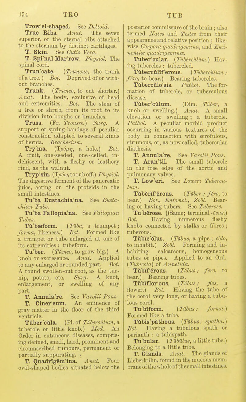 Trow'el-shaped. See Deltoid. True Ribs. Anat. The seven superior, or the sternal ribs attached to the sternum by distinct cartilages. T. Skin. See Cutis Vera. T. Spi'nal Mar'row. Physiol. The spinal cord. Trun'cate. (Trunctis, the trunk of a tree.) Bot. Deprived of or with- out branches. Trunk. (Trunco, to cut shorter.) Anat. The body, exclusive of head and extremities. Bot. The stem of a tree or shrub, from its root to its division into boughs or branches. Truss. (Fr. Trousse.) Surg. A support or spring-bandage of peculiar construction adapted to several kinds of hernia. Brachenum. Try'ma. {Tp^i/Jirj, a hole.) Bot. A fruit, one-seeded, one-celled, in- dehiscent, with a fleshy or leathery rind, as the walnut. Tryp'sin. (T/3i5w,toruboff.) Physiol. The digestive ferment of the pancreatic juice, acting on the proteids in the small intestines. Tu'ba EustacMa'na. See Eusta- chian Tube. Tu'ba Fallopia'na. See Fallopian Tubes. Tii'bseform. (Tuba, a trumpet; forma, likeness.) Bot. Formed like a trumpet or tube enlarged at one of its extremities : tubeform. Tu'ber. {Tumeo, to gi-ow big.) A knob or excresence. Anat. Applied to any enlarged or rounded part. Bot. A round swollen-out root, as the tur- nip, potato, etc. Surg. A knot, enlargement, or swelling of any part. T. Annula're. See Varolii Pons. T. Ciner'eum. An eminence of gray matter in the floor of the third ventricle. Ttiber'ciila. (PI. of Taberc&lum, a tubercle or little knob.) Med. An Order in cutaneous diseases, compris- ing defined, small, hard, prominent and circumscribed tumours, permanent or partially suppurating, i. T. Quadriggni'ma. Anat. Four oval-shaped bodies situated below the jiosterior commissure of the brain; also termed Nates and Testes from their appearance and relative position ; like- wise Corpora quadrigemiTia, and Emi- nentice qxiadrigemince. Tuber'cular. (TubercUlum.) Hav- ing tubercles : tubercled. Ttlberciillf'erous. (TuberciUum ; flro, to bear.) Bearing tubercles. Ttiberctdo'sis. PatJiol. The for- mation of tubercle, or tuberculous disease. Tilber'ciiluni. (Dim. Tuber, a knob or swelling.) Anat. A small elevation or swelling ; a tubercle. Pathol. A peculiar morbid product occurring in various textures of the body in connection with scrofulous, strumous, or, as now called, tubercular diathesis. T. Annula're. See Varolii Pons. T. Aran'tii. The small tubercle in the free edge of the aortic and pulmonary valves. T. Low'eri. See Loioeri Tiobercu- lum. Tiib6rif'6rous. {Tuber ; fgro, to bear.) Bot., Entomol., Zodl. Bear- ing or having tubers. See Tuberose. Tu'bgrose. [(Same; terminal-os?<s.) Bot. Having numerous fleshy knobs connected by stalks or fibres ; tuberous. Tiibic'61us. (Tubus, a pipe ; cdlo, to inhabit.) Zool. Forming and in- habiting calcareous, homogeneous tubes or pipes. Applied to an Ord. (Tubicola) of Annelida. Tiibif'erous. {TOhus; firo, to bear.) Bearing tubes. Ttlblflor'ous. {Tubus; flos, a flower.) Bot. Having the tube of the corol very long, or having a tubu- lous corol. Tu'biform. {Tubus; forma.) Formed like a tube. Tabis'pathous. {Tuhis; spatha.) Bot. Having a tubulous spath or perianth : a tubispath. Tu'bular. {Tubulus, a little tube.) Belonging to a little tiibe. T. Glands. Anat. The glands of Lieberktihn, found in the mucous mem- brane of the whole of the small intestines.