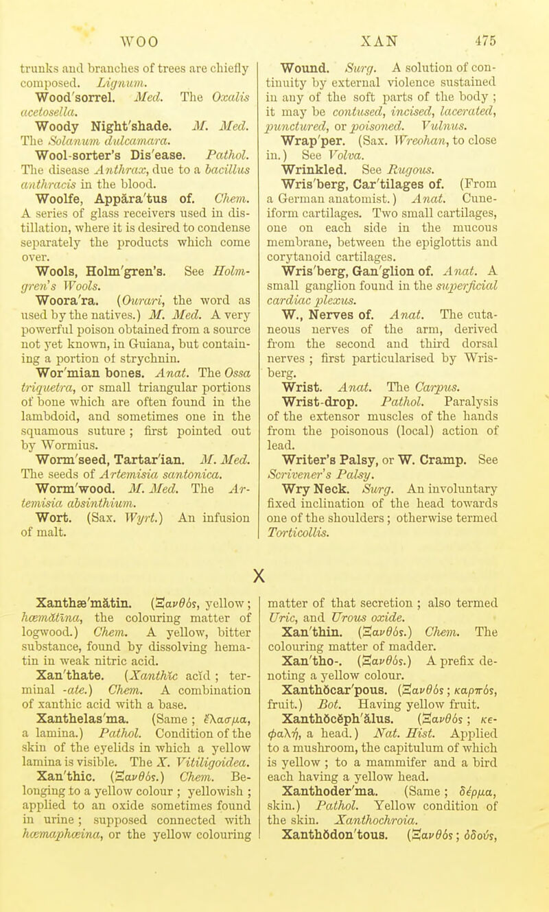 trunks and branches of trees are chiefly composed. Lignum. Wood'sorrel. Med. The Oxalis acetosella. Woody Night'shade. M. Med. The Solcmum dulcamara. Wool-sorter's Dis'ease. Pathol. The disease Anthrax, due to a bacillus anthracis in the blood. Woolfe, Appara'tus of. Chem. A series of glass receivers used in dis- tillation, where it is desired to condense sejjarately the products which come over. Wools, Holm'gren's. See Hobn- greris Wools. Woora'ra. (Ourari, the word as used by the natives.) M. Med. Avery powerfiil poison obtained from a source not yet known, in Guiana, but contain- ing a portion ot strychnin. Wor'mian bones. Anat. The Ossa t-iquetra, or small triangular portions of iDone which are often found in the lambdoid, and sometimes one in the squamous suture; first pointed out by Wormius. Worm'seed, Tartar'ian. M. Med. The seeds of Artemisiit, santonica. Worm'wood. M. Med. The Ar- temisia, absinthium. Wort. (Sax. Wyrt.) An infusion of malt. Wound. Surg. A solution of con- tinuity by external violence sustained in any of the soft parts of the body ; it may be contused, incised, lacerated, punctured, ox poisoned. Vulnus. Wrap'per. (Sax. Wreofum, to close in.) See Volva. Wrinkled. See Rugous. Wris'berg, Car'tilages of. (From a German anatomist.) Anat. Cune- iform cartilages. Two small cartilages, one on each side in the mucous membrane, between the epiglottis and corytanoid cartilages. Wris'berg, Gan'glion of. Anat. A small ganglion found in the s^cperficial cardiac plexus. W., Nerves of. Anat. The cuta- neous nerves of the arm, derived fi-om the second and third dorsal nerves ; first particularised by Wris- berg. Wrist. Anat. The Carpus. Wrist-drop. Pathol. Paralysis of the extensor muscles of the hands from the poisonous (local) action of lead. Writer's Palsy, or W. Cramp. See Scrivener's Palsy. Wry Neck. Su/rg. An involuntary fixed inclination of the head towards one of the shoulders ; othervnse termed Torticollis. Xanthse'matm. ('3,av96s, yellow; hcemMlna, the colouring matter of logwood.) Chem. A yellow, bitter substance, found by dissolving hema- tin in weak nitric acid. Xan'thate. (XanthKc acid ; ter- minal -ate.) Chem. A combination of xanthic acid with a base. Xanthelas'ma. (Same; ^Xaa/xa, a lamina.) Pathol. Condition of the skin of the eyelids in which a yellow lamina is visible. The X. Vitiligoidea. Xan'thic. (aavdds.) Chem. Be- longing to a yellow colour ; yellowish ; applied to an oxide sometimes found in urine; supposed connected with hcemaphceina, or the yellow colouring matter of that secretion ; also termed Uric, and Urous oxide. Xan'thin. {Ao-vObs.) Chem. The colouring matter of madder. Xan'tho-. (Sav^6s.) A prefix de- noting a yellow colour. Xantli6car'pous. {'^avdbs; Kapird^, fruit.) Bot. Having yellow fruit. Xanth6c6ph'S,lus. C^avdds; /ce- (jjoKifi, a head.) Nat. Hist. Aj^plied to a mushroom, the capitulum of which is yellow ; to a mammifer and a bird each having a yellow head. Xanthoder'ma. (Same; 8ipfj.a, skin.) Pathol. Yellow condition of the skin. Xanthochroia. XanthSdon'tous. (Sav^i?; 6Soh,