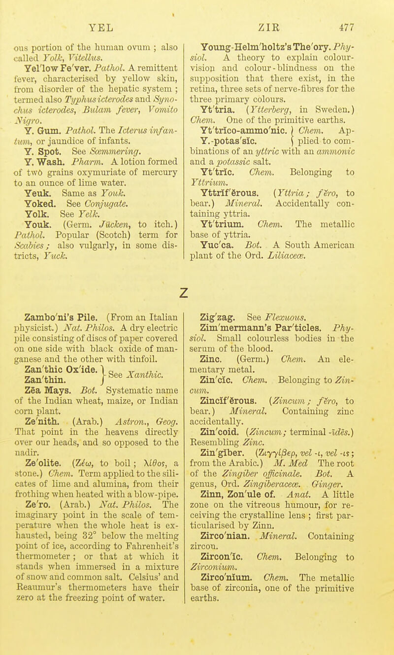 I YEL ous portion of tlie human ovum ; also called Yolk, Vitellus. Yel'low Fe'ver. Pathol. A remittent lever, characterised by yellow skin, from disorder of the hepatic system ; termed also Typhusicterodes and Syno- chus icterodes, Bulam fever, Vomito Nigro. Y. Gum. Pathol. The Ictenis infan- tum, or jaundice of infants. Y. Spot. See Scemmering, Y. Wash. Phartn. A lotion formed of two grains oxymuriate of mercury to an ounce of lime water. Yeuk. Same as YonJc. Yoked. See Conjugate. Yolk. See Yelk. Youk. (Germ. Jucken, to itch.) Pathol. Popular (Scotch) term for Scabies; also vulgarly, in some dis- tricts, Yuck. ZIR 477 Young-Helm'holtz's The'ory. Phy- siol. A theory to explain colour- vision and colour - blindness on the supposition that there exist, in the retina, three sets of nerve-fibres for the three primary colours. Yt'tria. [Ytterberg, in Sweden.) Chein. One of the primitive earths. Yt'trico-ammo'nic. ) CJiem. Ap- Y.-potas'sic. \ plied to com- binations of an yttric with an amnionic and a potassic salt. Yt'tric. Chem. Belonging to Yttrium. Yttiifgrous. (Yltria; fhv, to bear.) Mineral. Accidentally con- taining yttria. Yt'trium. Chem. The metallic base of yttria. Yuc'ca. Bot. A South American plant of the Ord. Liliacece. ■ See Xanthic. Zambo'ni's Pile. (From an Italian physicist.) Nat. Philos. A dry electric l^Ue consisting of discs of paper covered on one side with black oxide of man- ganese and the other with tinfoil. Zan'thic Ox'ide. 1 Zan'thin. / Zea Mays. Bot. Systematic name of the Indian wheat, maize, or Indian corn plant. Ze'nith. (Arab.) Astron., Geog. That point in the heavens directly over our heads, and so opposed to the nadir. Ze'olite. (Z^w, to boil; XLOoi, a stone.) Chem. Term applied to the sili- cates of lime and alumina, from their frothing when heated with a blow-pipe. Ze'ro. (Arab.) Nat. Philos. The imaginary point in the scale of tem- perature when the whole heat is ex- hausted, being 32° below the melting point of ice, according to Fahrenheit's thermometer; or that at which it stands when immersed in a mixture of snow and common salt. Celsius' and ReaTimur's thermometers have their zero at the freezing point of water. Zig'zag. See Flexuous. Zim'mermami's Par'ticles. Phy- siol. Small colourless bodies in the serum of the blood. Zinc. (Germ.) Chem. An ele- mentary metal. Zin'clc. Chew.. Belonging to Zin- cum. Zinciferous. {Zincum; firo, to bear.) Mineral, Containing zinc accidentally. Zin'coid. (Zincum; terminal -Ides.) Resembling Zinc. Zin'giber. [Tifyyl^ep, vel -t, vel -is; from the Arabic.) M.Med The root of the Zingiber officinale. Bot. A genus, Ord. Zingiberacem. Ginger. Zinn, Zon'ule of. Anat. A little zone on the vitreous humour, for re- ceiving the crystalline lens ; first par- ticxilarised by Zinn. Zirco'nian. Mineral. Containing zircon. Zircon'ic. Chem. Belonging to Zirconium. Zirco'nium. Chem. The metallic base of zirconia, one of the primitive earths.